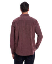 Long Sleeve Pebble Corduroy Shirt in Syrah worn from the back, showcasing the button-down collar and cuffed sleeves.