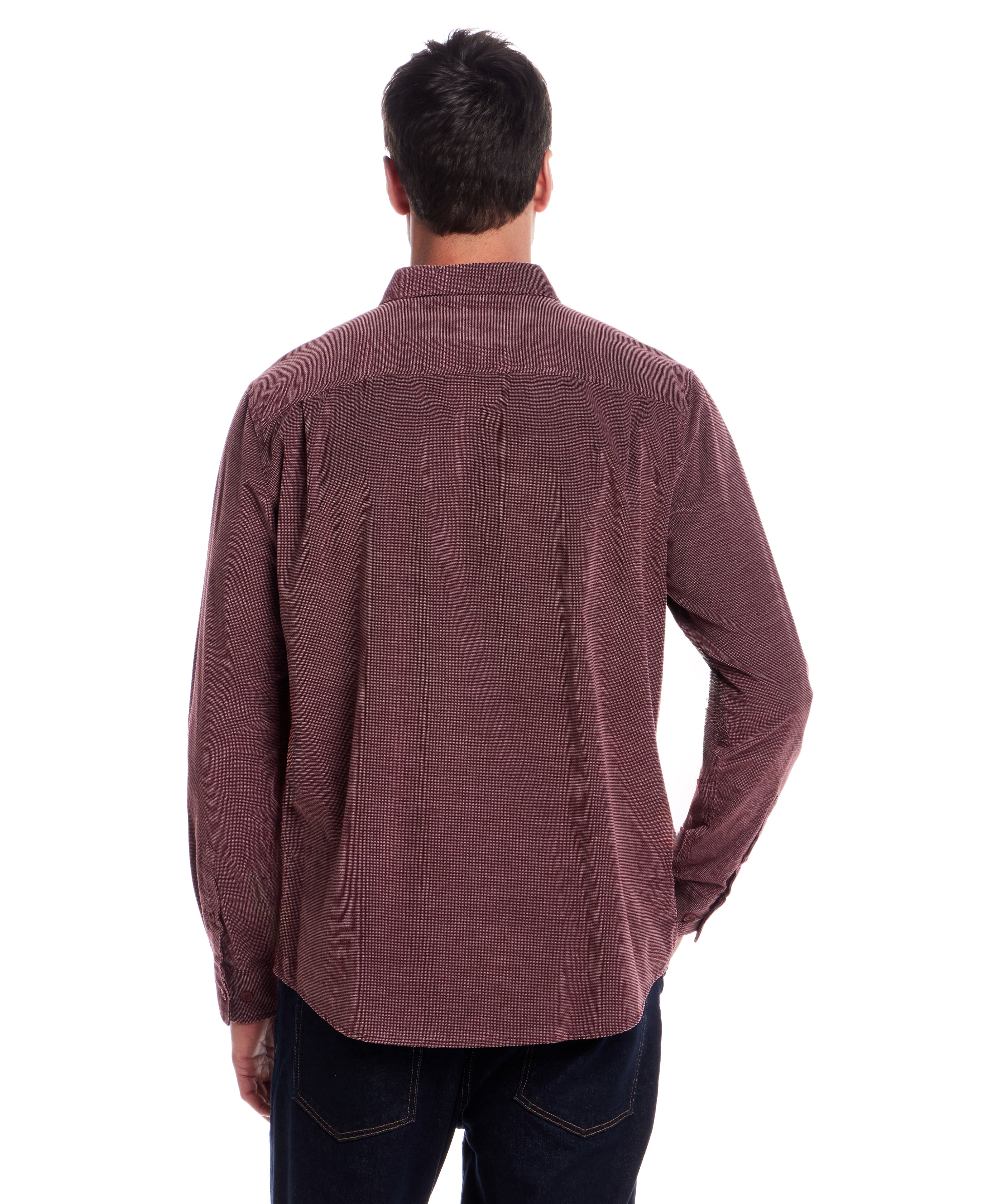 Long Sleeve Pebble Corduroy Shirt in Syrah worn from the back, showcasing the button-down collar and cuffed sleeves.