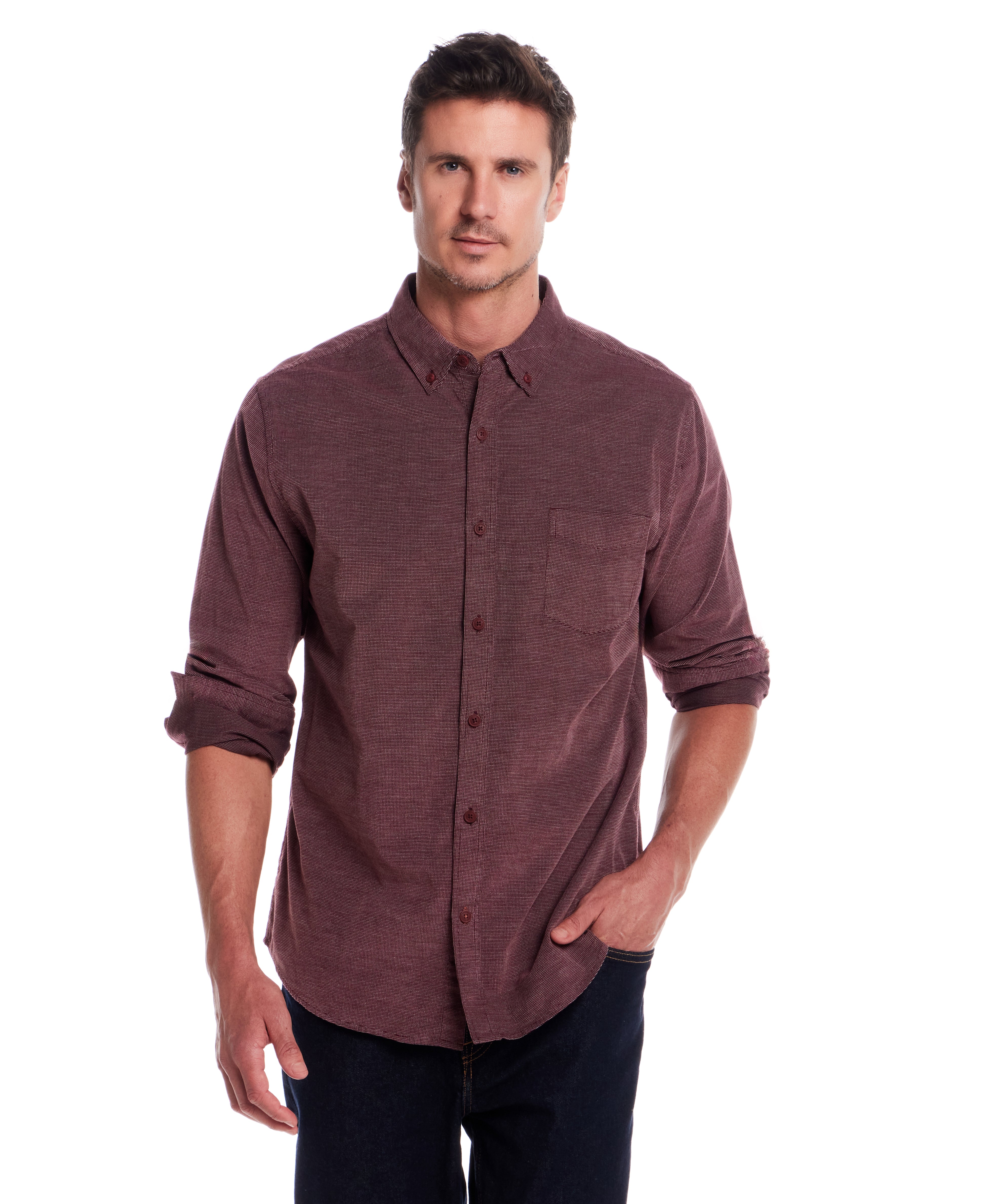 Long Sleeve Pebble Corduroy Shirt in Syrah, featuring a button-down collar and single open chest pocket.