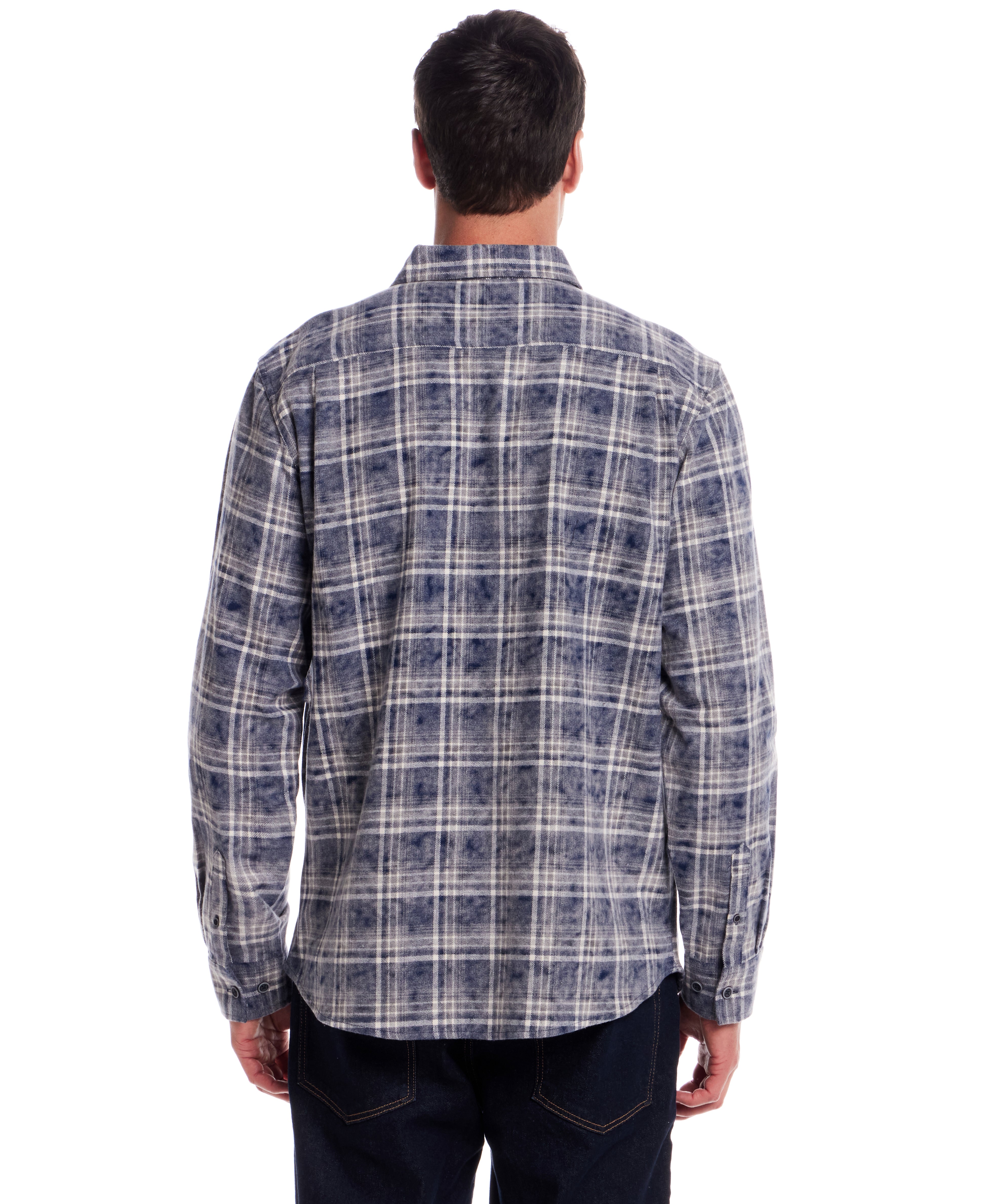 Long Sleeve Chalk Distressed Flannel Plaid in Sargasso Sea