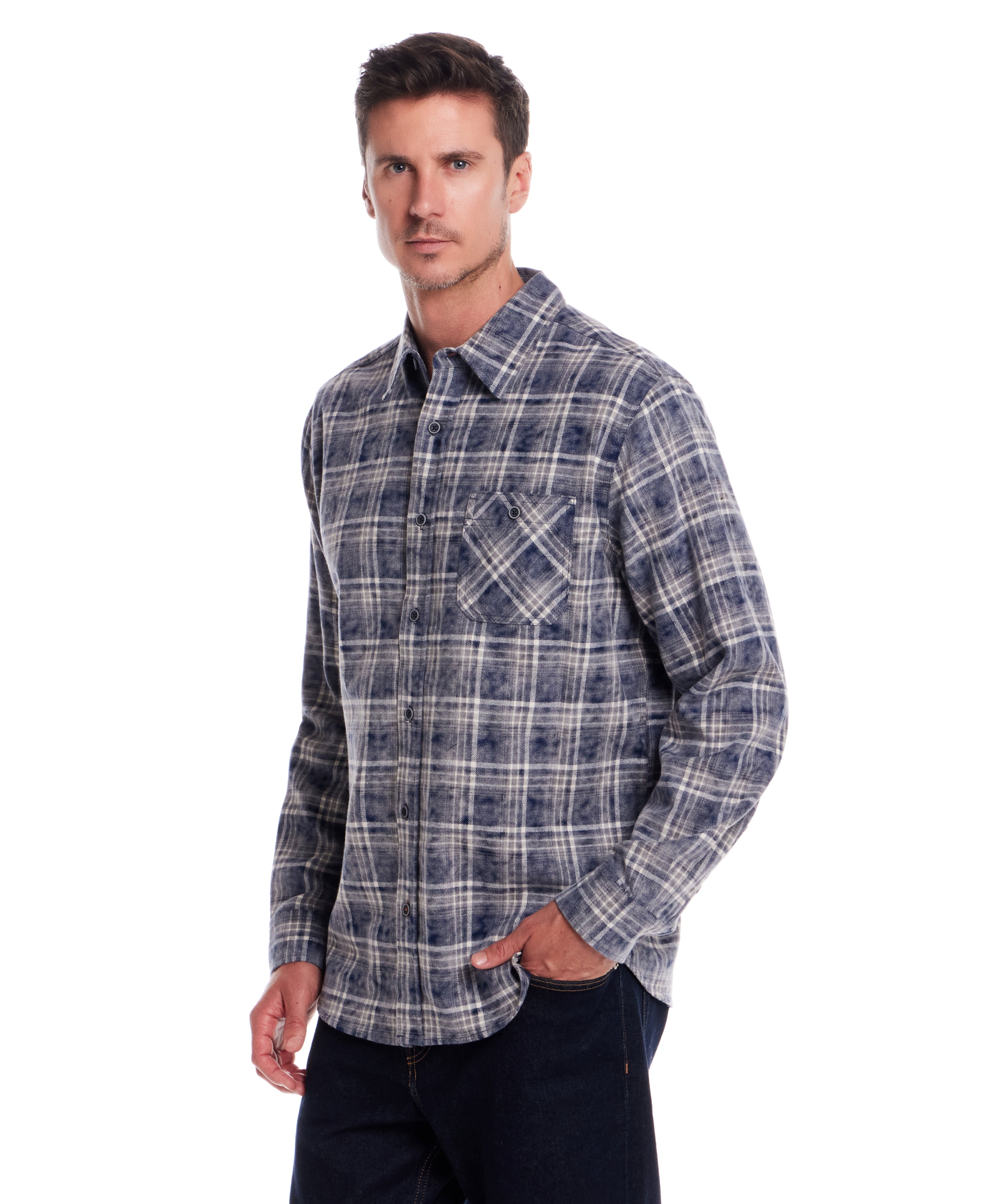 Long Sleeve Chalk Distressed Flannel Plaid in Sargasso Sea