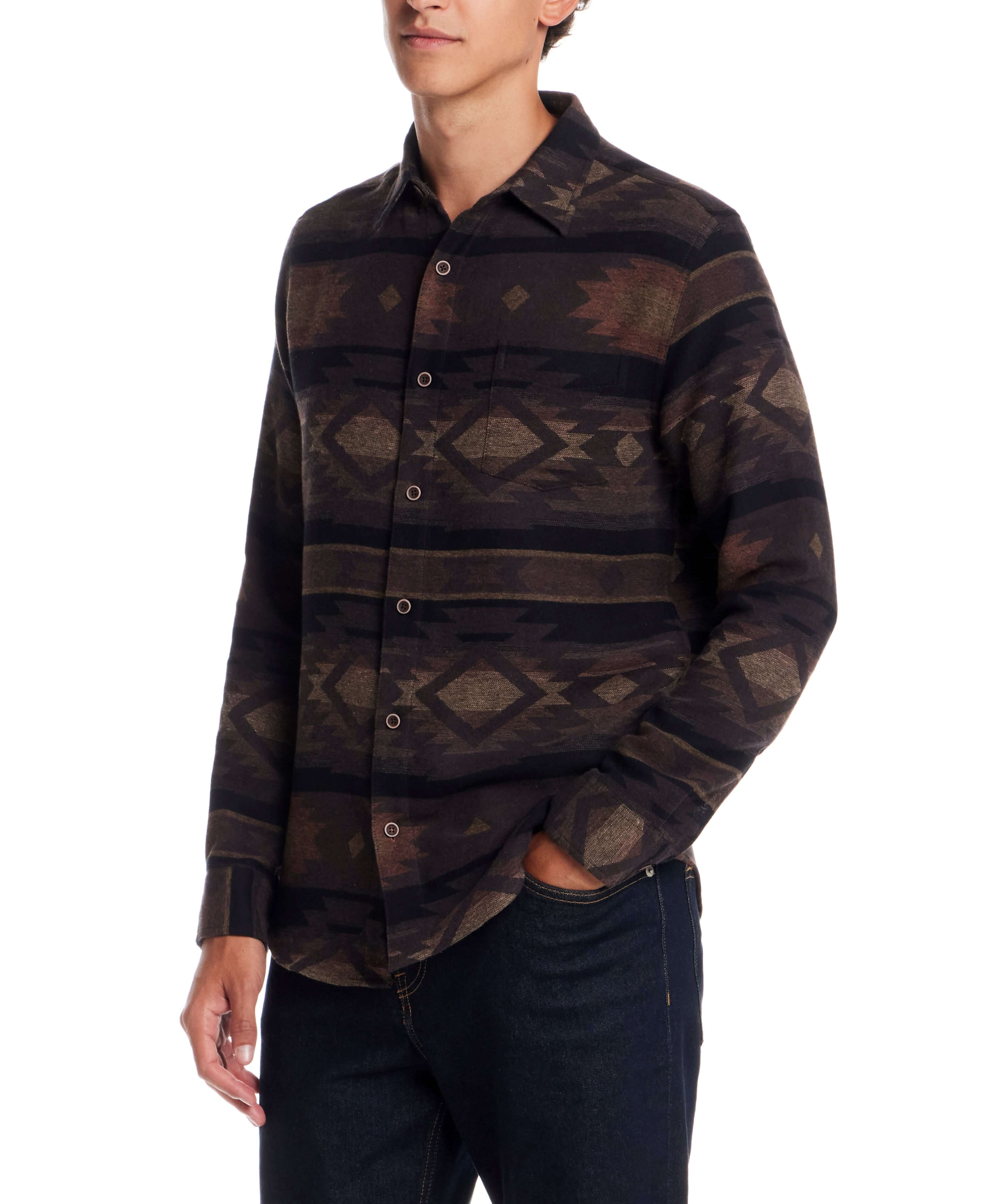 Southwest Unlined Jacquard Overshirt in Chocolate Torte displayed on a model, featuring Southwest jacquard pattern and button front.