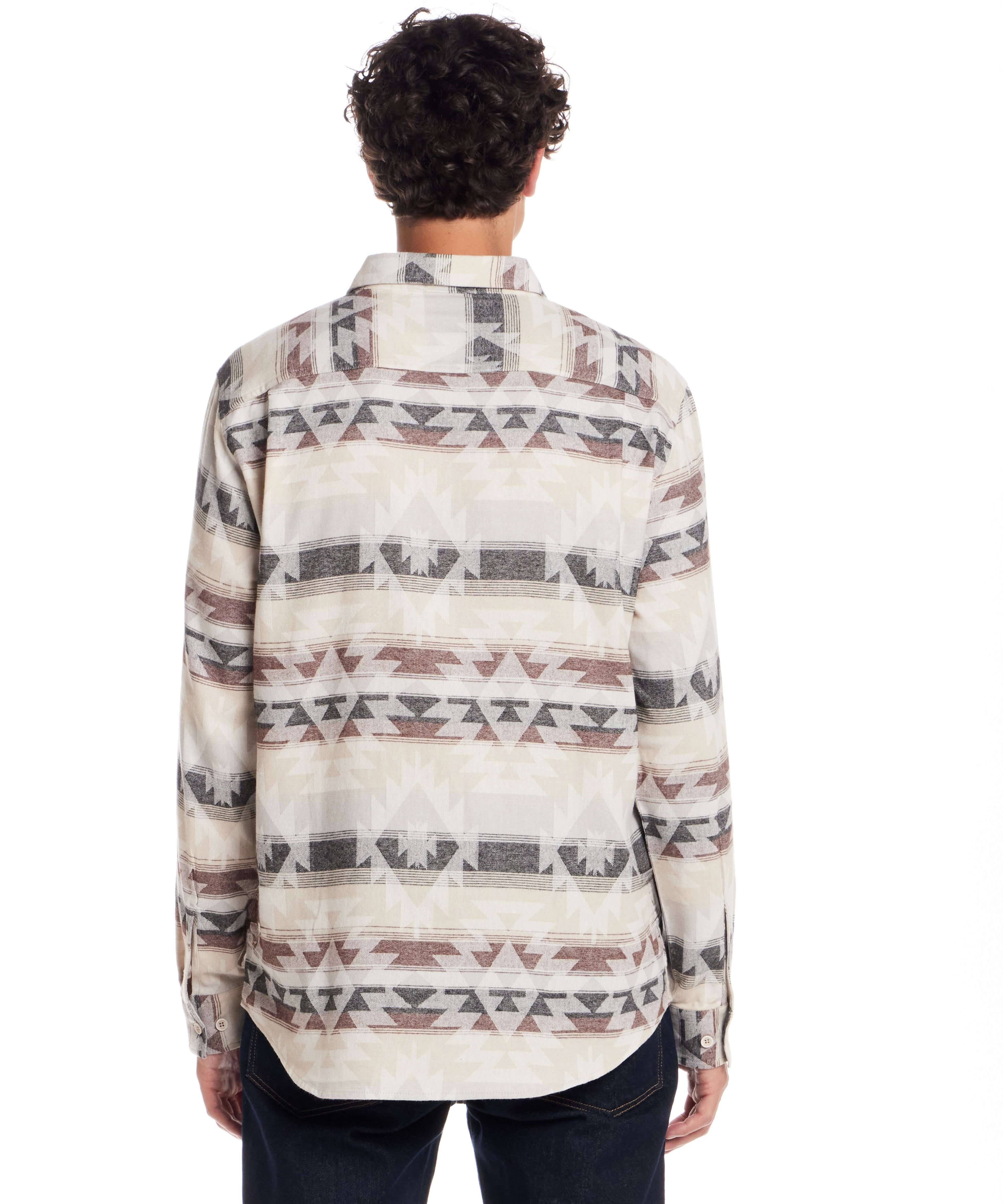 Southwest Unlined Jacquard Over-shirt in Seed Pearl displayed from the back, showcasing a vibrant Southwest pattern.