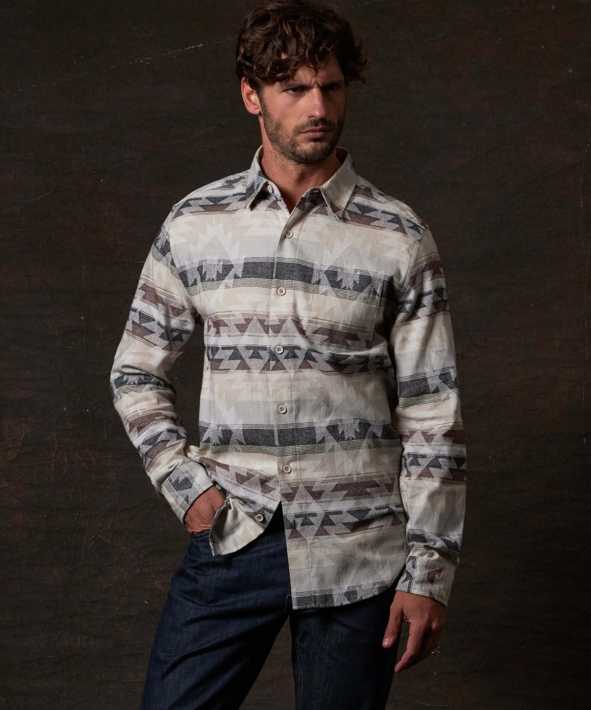 Southwest Unlined Jacquard Over-shirt in Seed Pearl, featuring a bold Southwest pattern and relaxed fit.