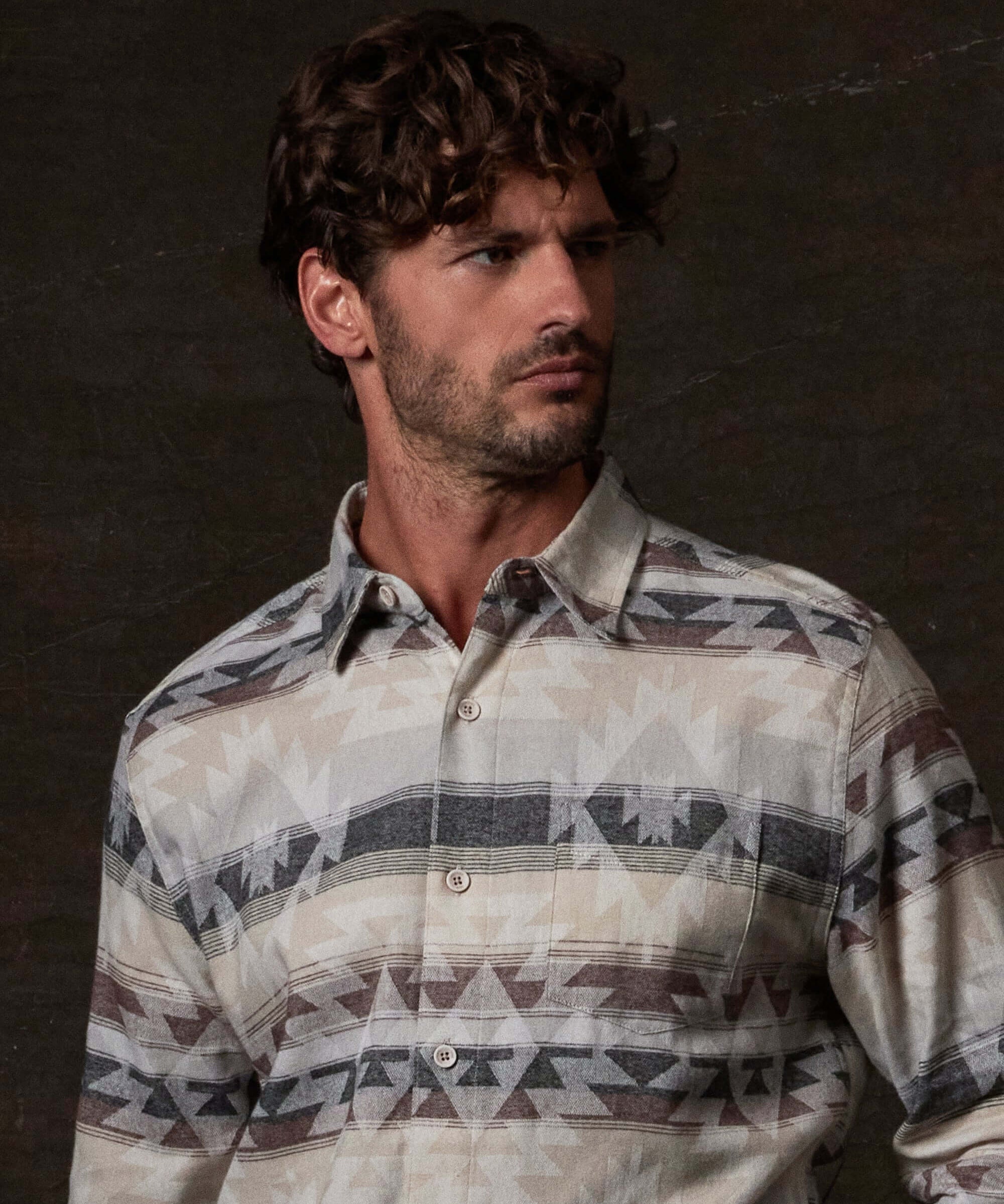 Model showcasing the Southwest Unlined Jacquard Over-shirt in Seed Pearl with Southwest jacquard pattern.