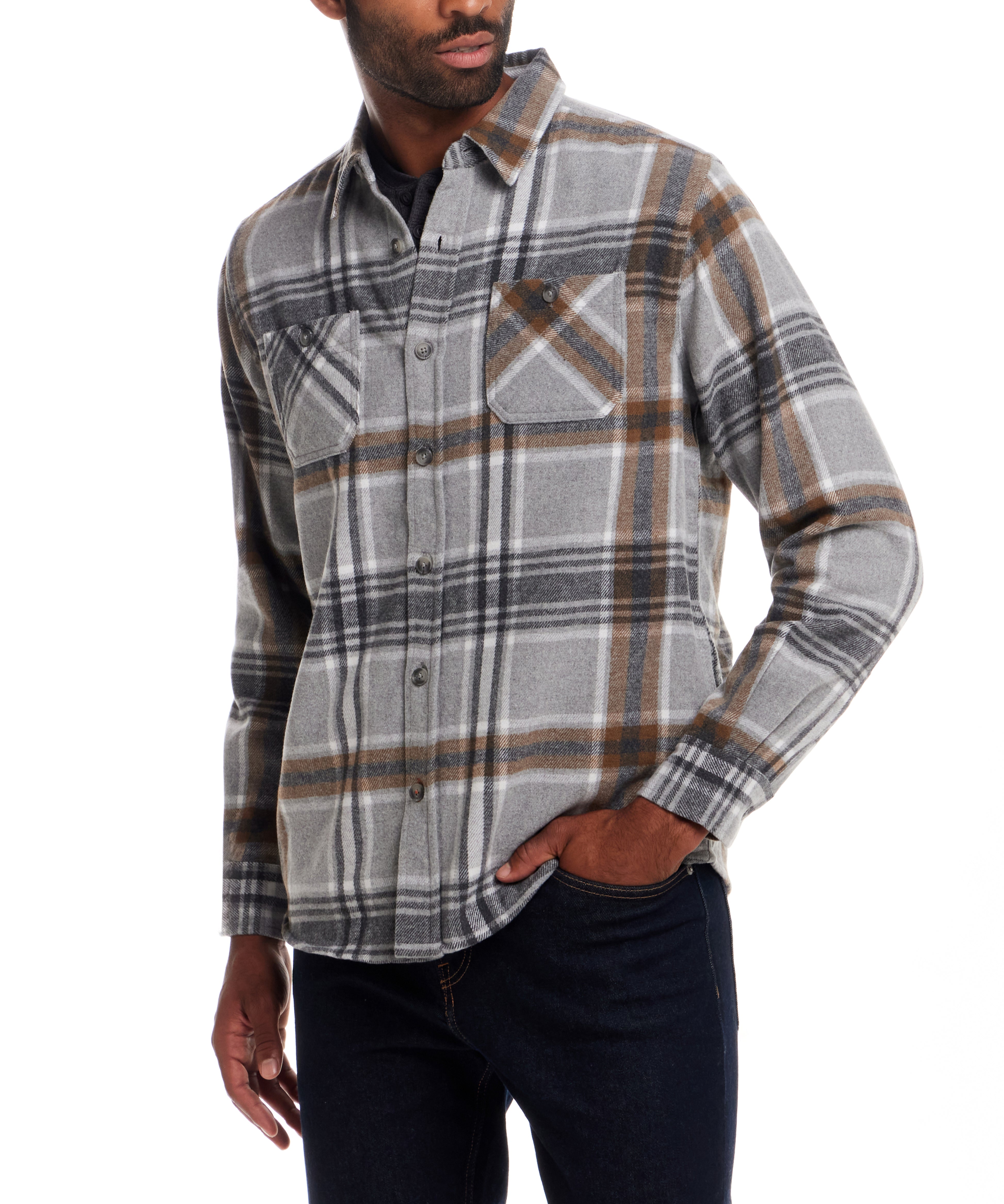 Wool Blend Plaid Shirt Jacket in Castor Grey worn by a model showcasing its classic fit and warm design.