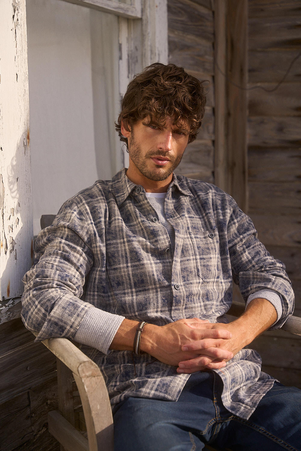Long Sleeve Chalk Distressed Flannel Plaid in Sargasso Sea