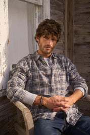Long Sleeve Chalk Distressed Flannel Plaid in Sargasso Sea