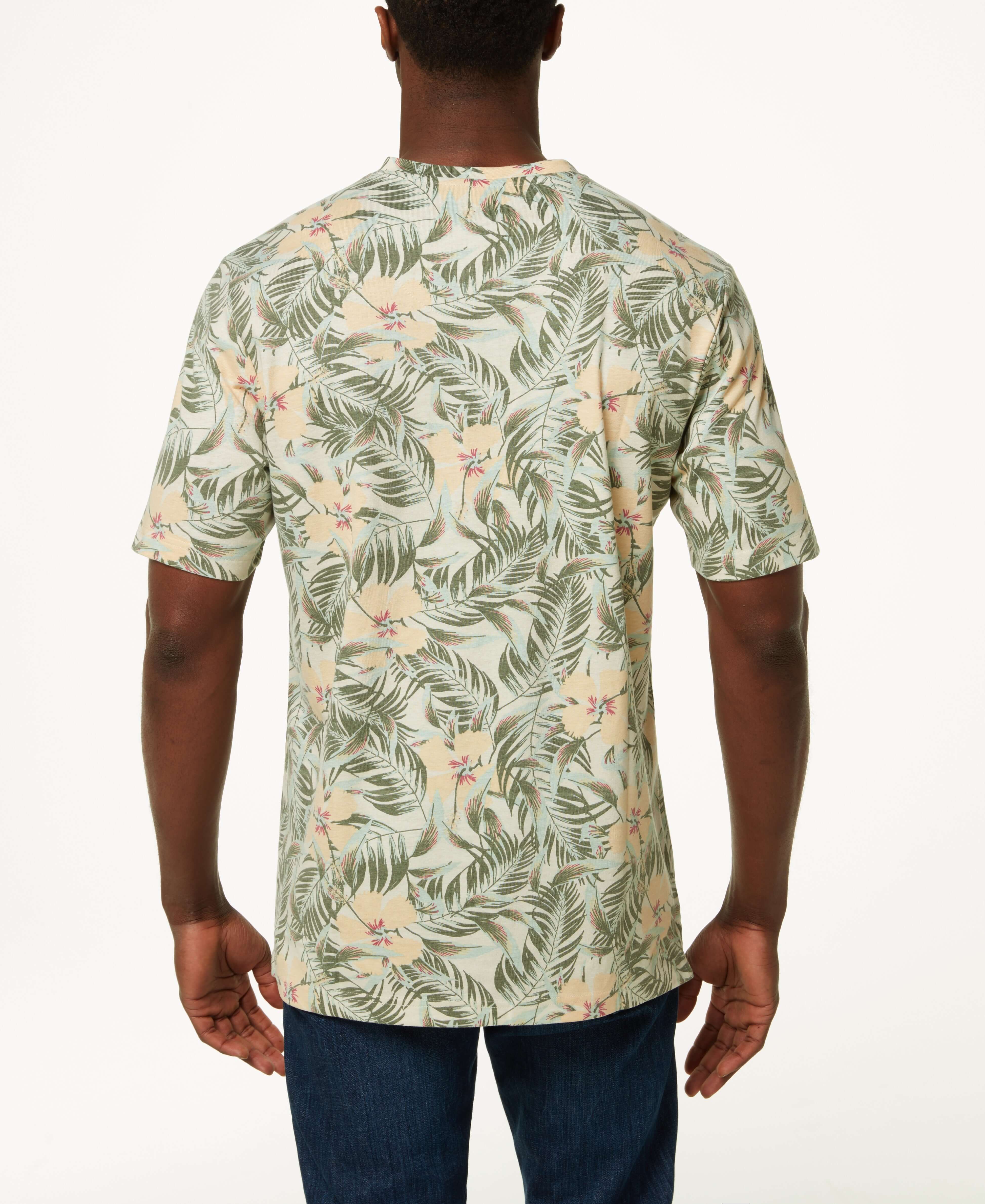 Printed Short Sleeve Henley In Antique White, showing the back with tropical leaf print design.