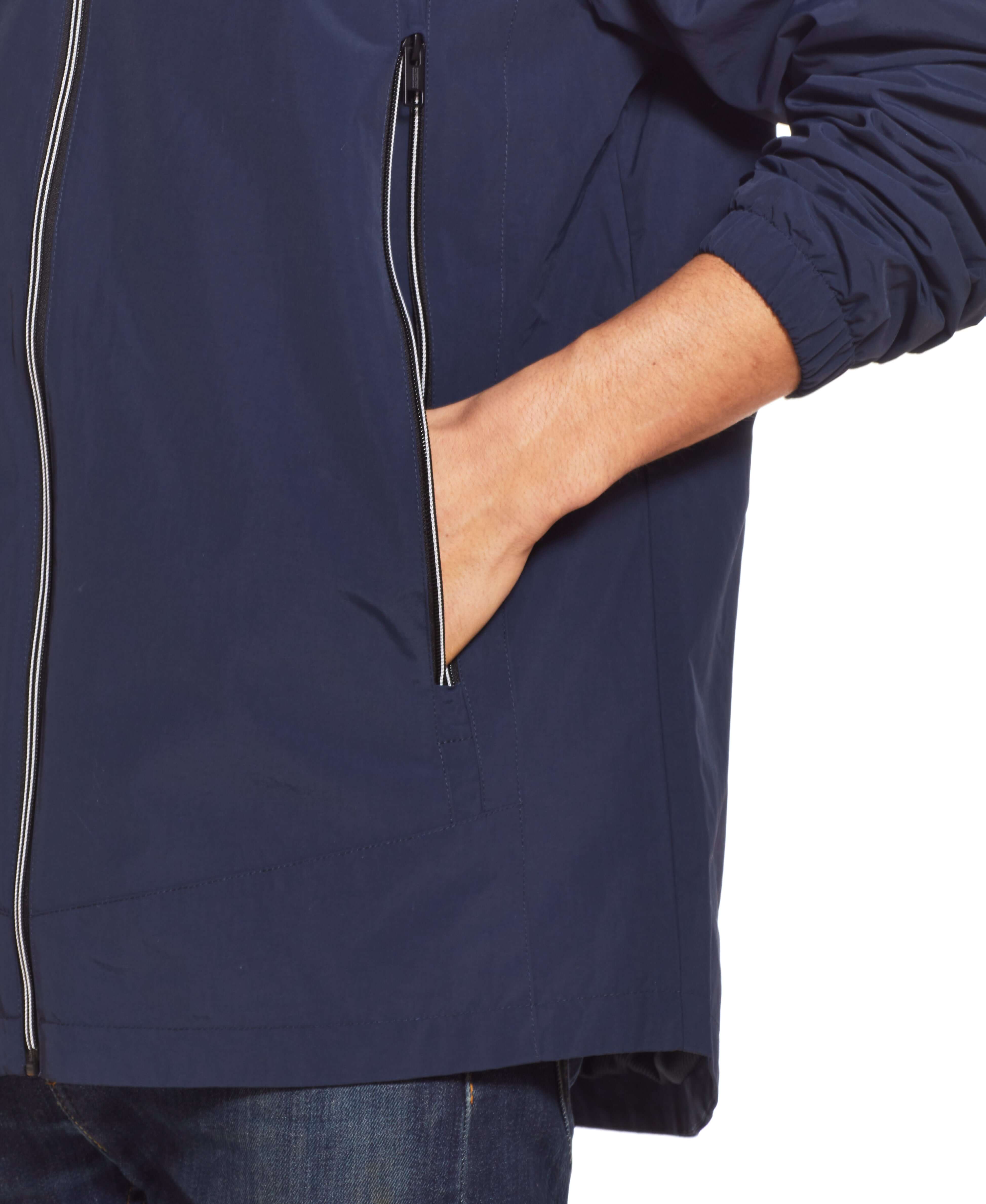 Nylon Zip Front Jacket In Navy featuring water resistant zip pockets and a stylish design.