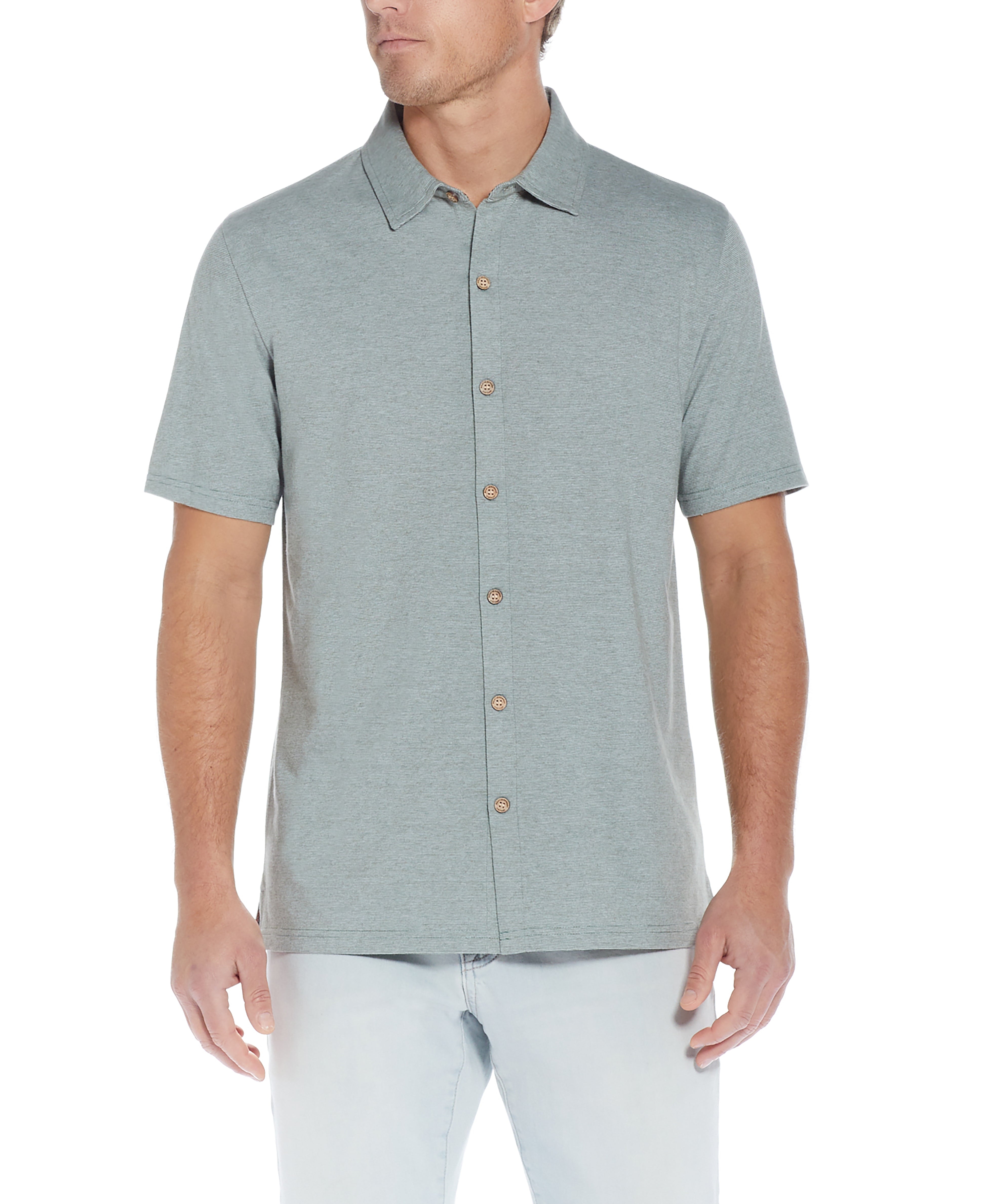 Micro Stripe Coat Front Knit In Four Leaf Clover showcased on a model, designed for comfort with short sleeves and a button-down placket.
