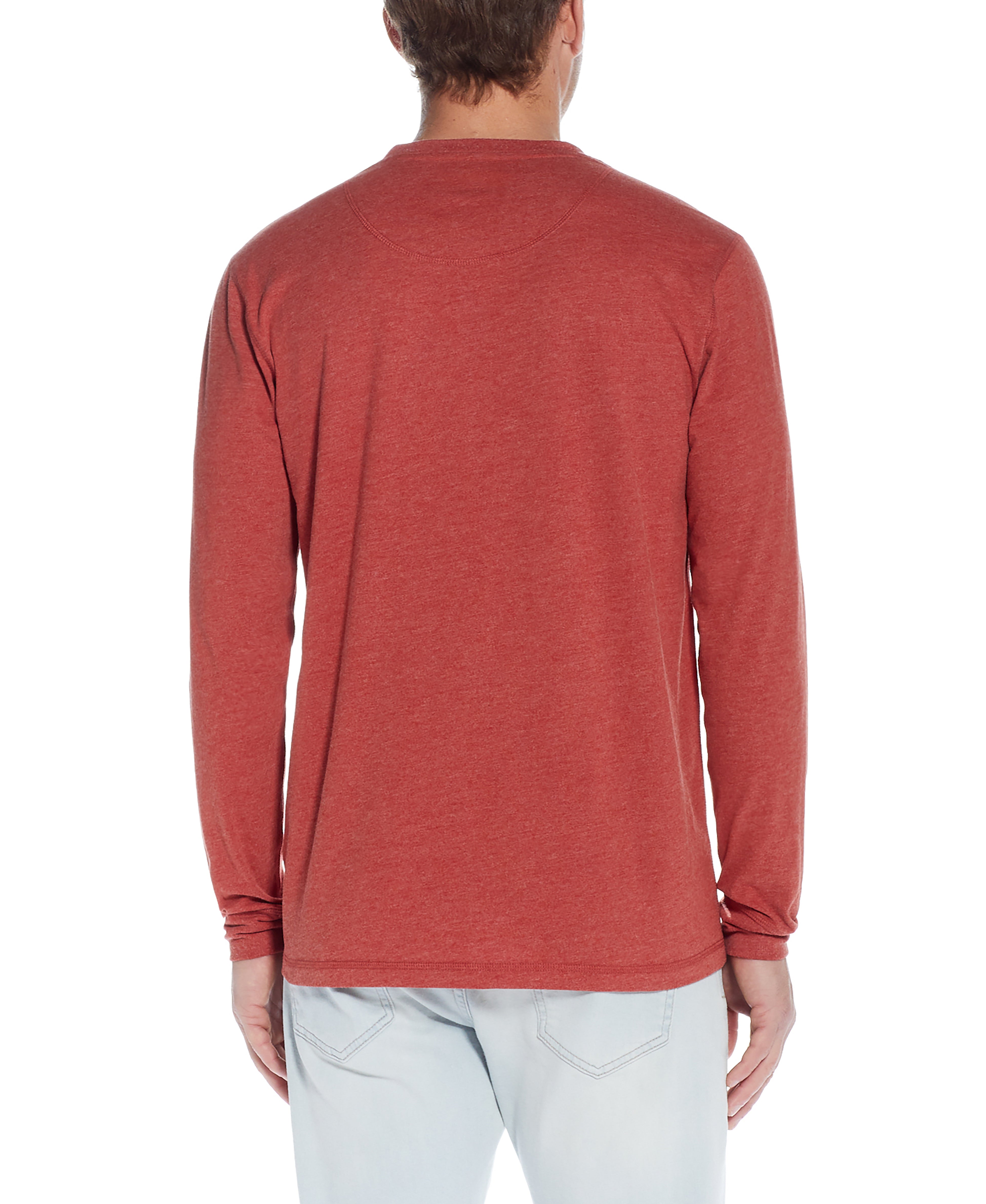Back view of Long Sleeve Henley In Red Ochre, showcasing its soft texture and smooth fit.