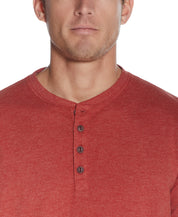 Long Sleeve Henley In Red Ochre showcasing the soft, breathable Premium Jersey fabric in a close-up view.