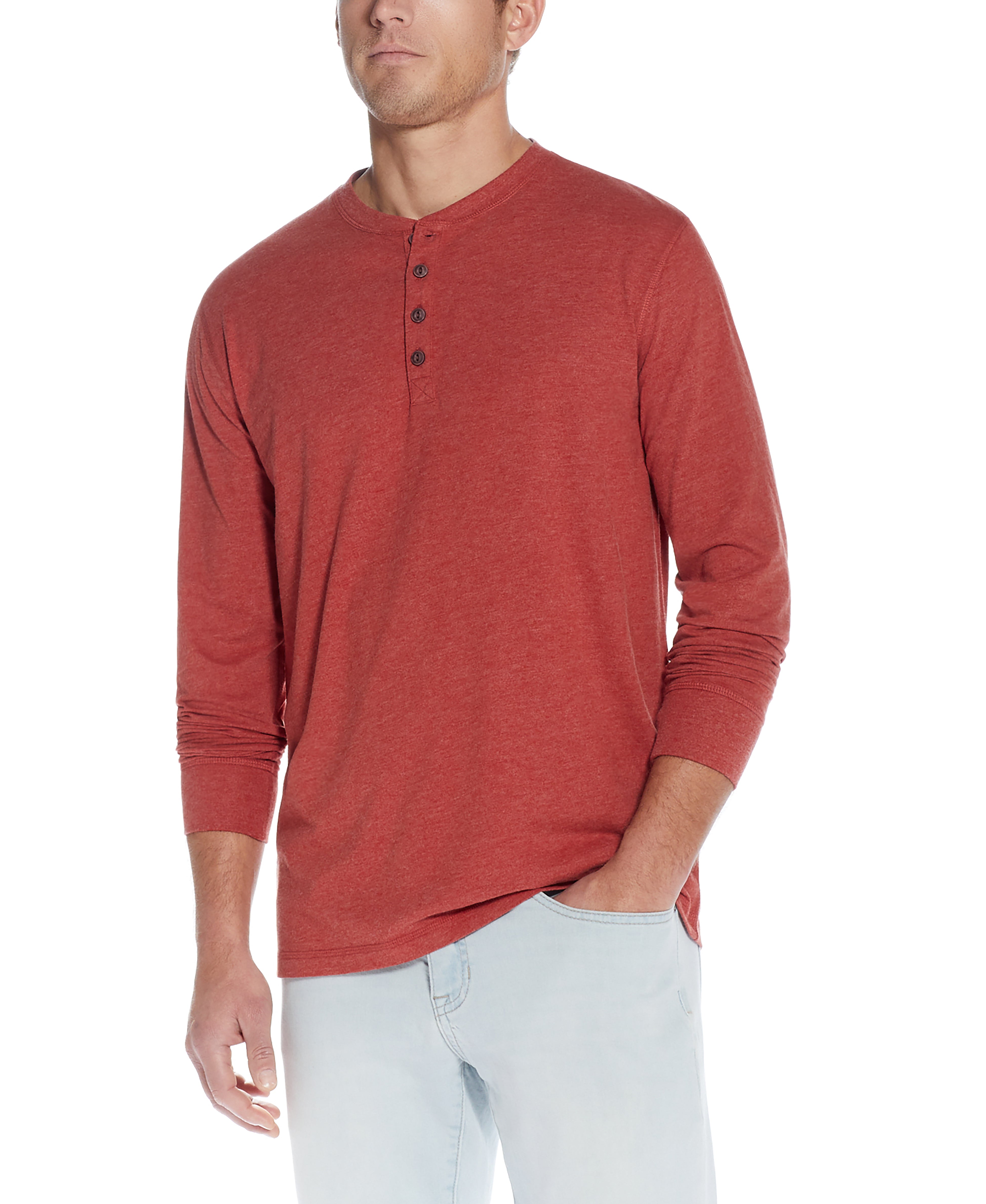 Long Sleeve Henley In Red Ochre worn by a model, showcasing its soft and breathable premium jersey fabric.
