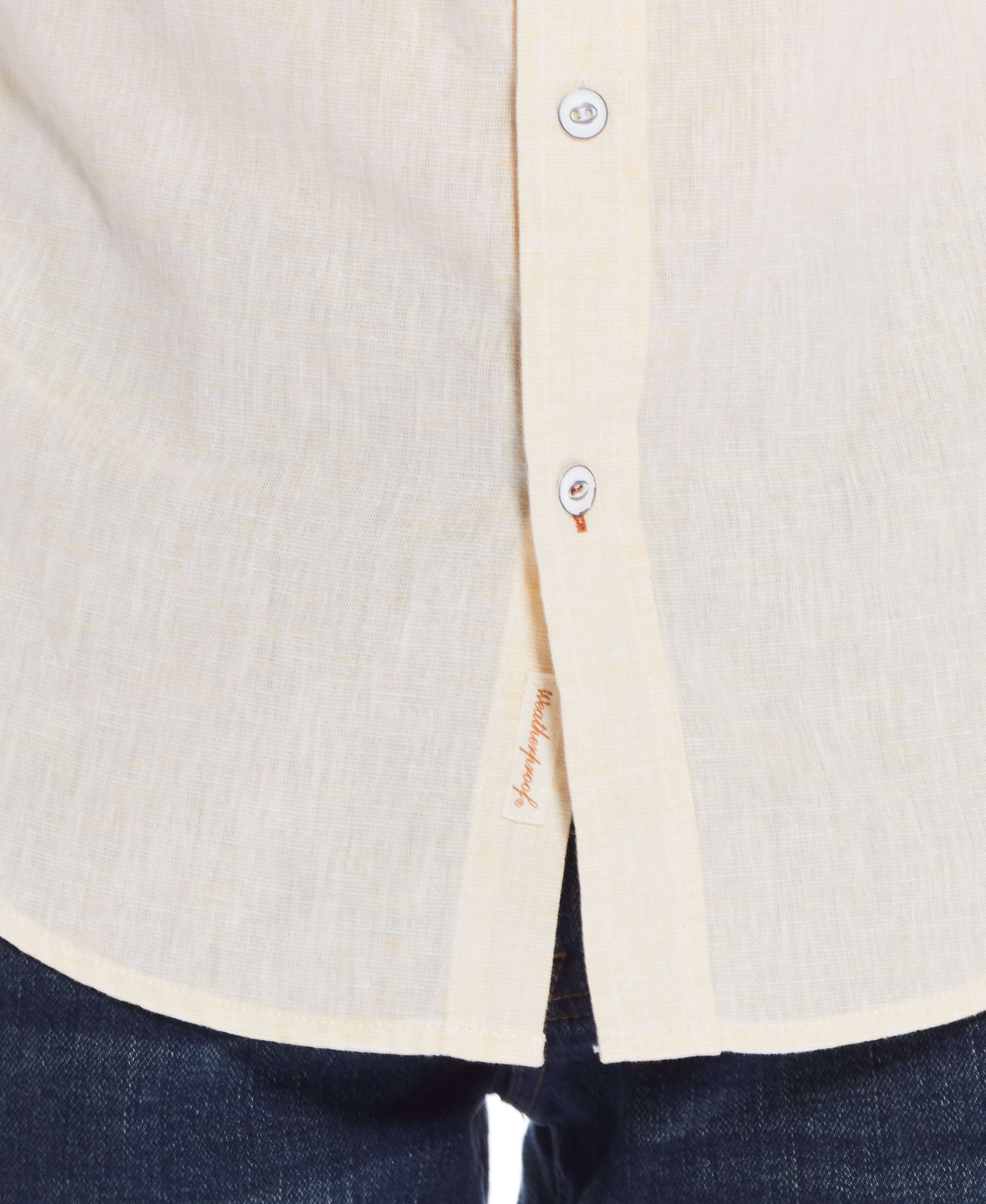 Short Sleeve Solid Linen Cotton In Cornsilk showing the shirt's detailing and fabric quality.