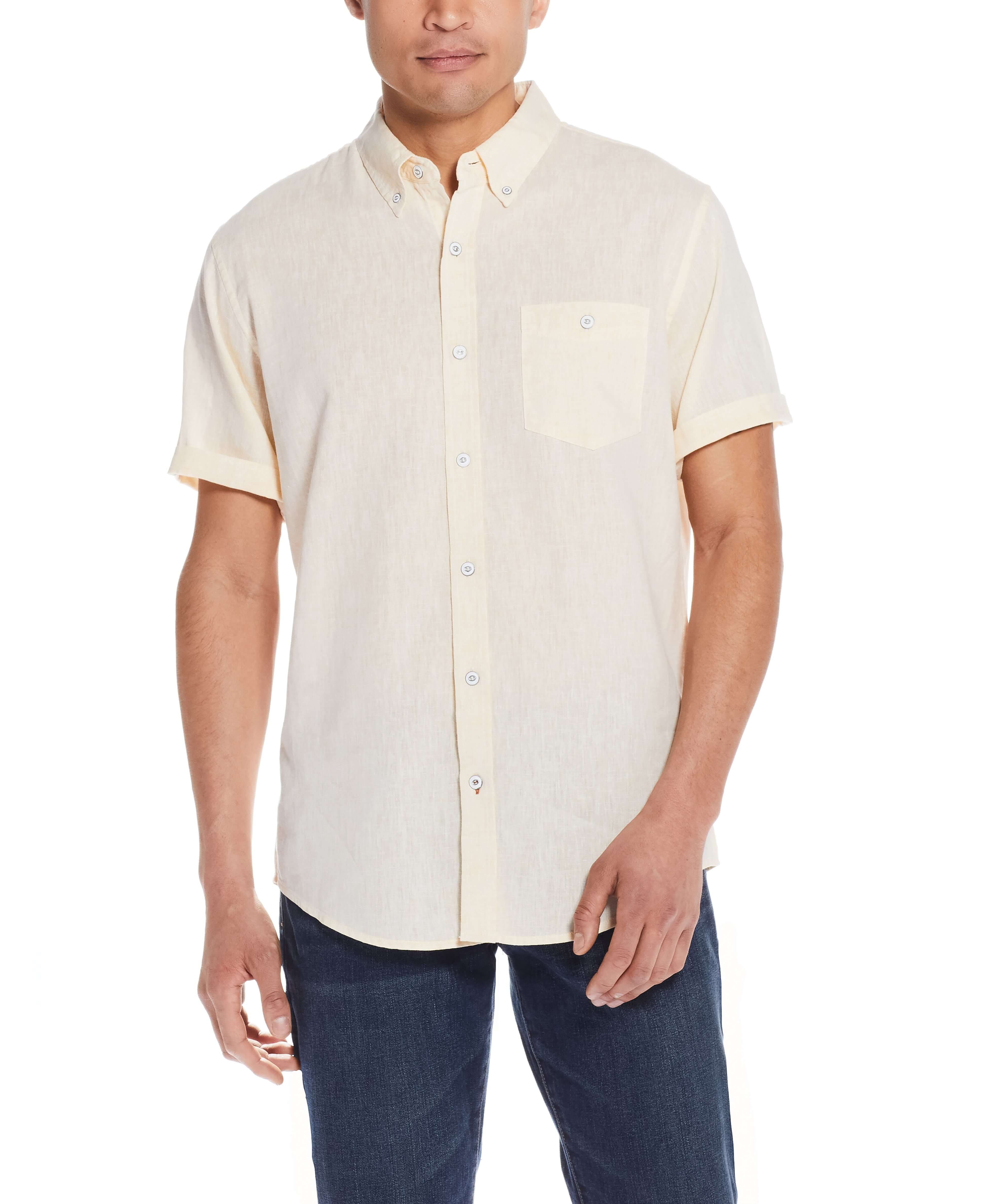 Short Sleeve Solid Linen Cotton In Cornsilk worn by a model, showcasing a clean and comfort fit design.