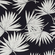 Short Sleeve Rayon Printed Camp Shirt In Sky Captain design featuring a black background with white leaf patterns.