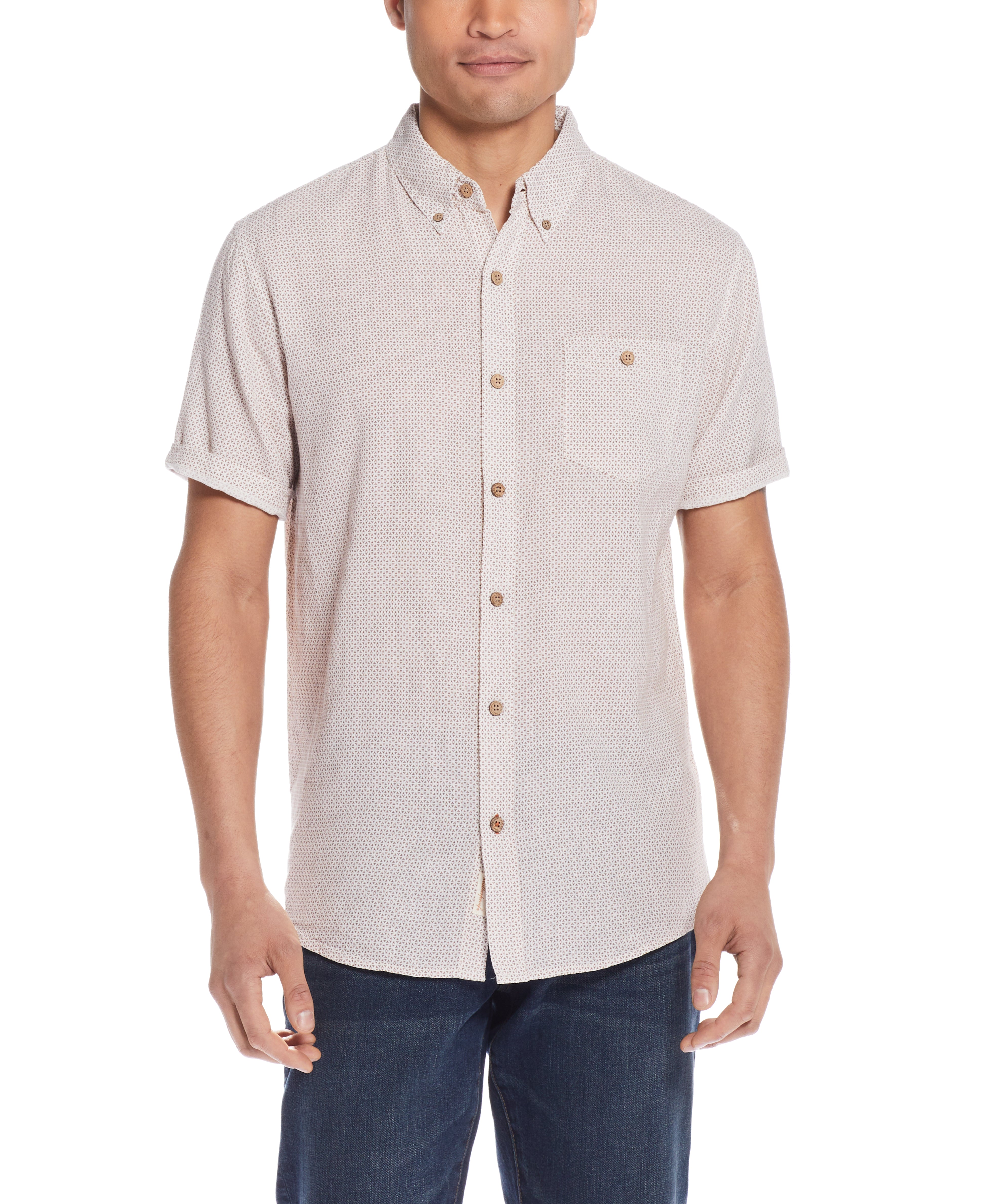 Mini Geo Print Shirt In Cinnamon Stick on model, showcasing relaxed fit and casual style.