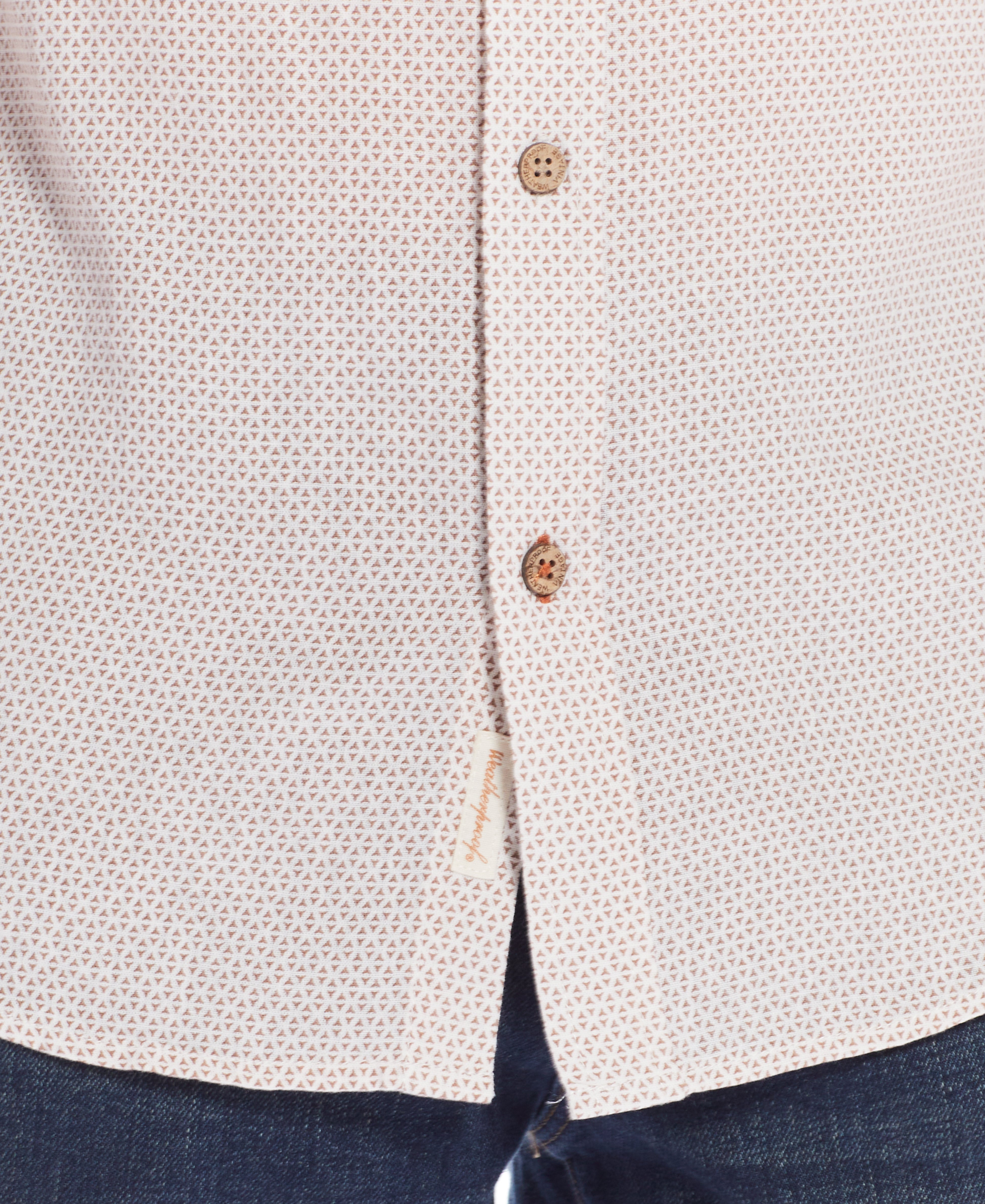 Mini Geo Print Shirt In Cinnamon Stick showcasing button detail and abstract print design.