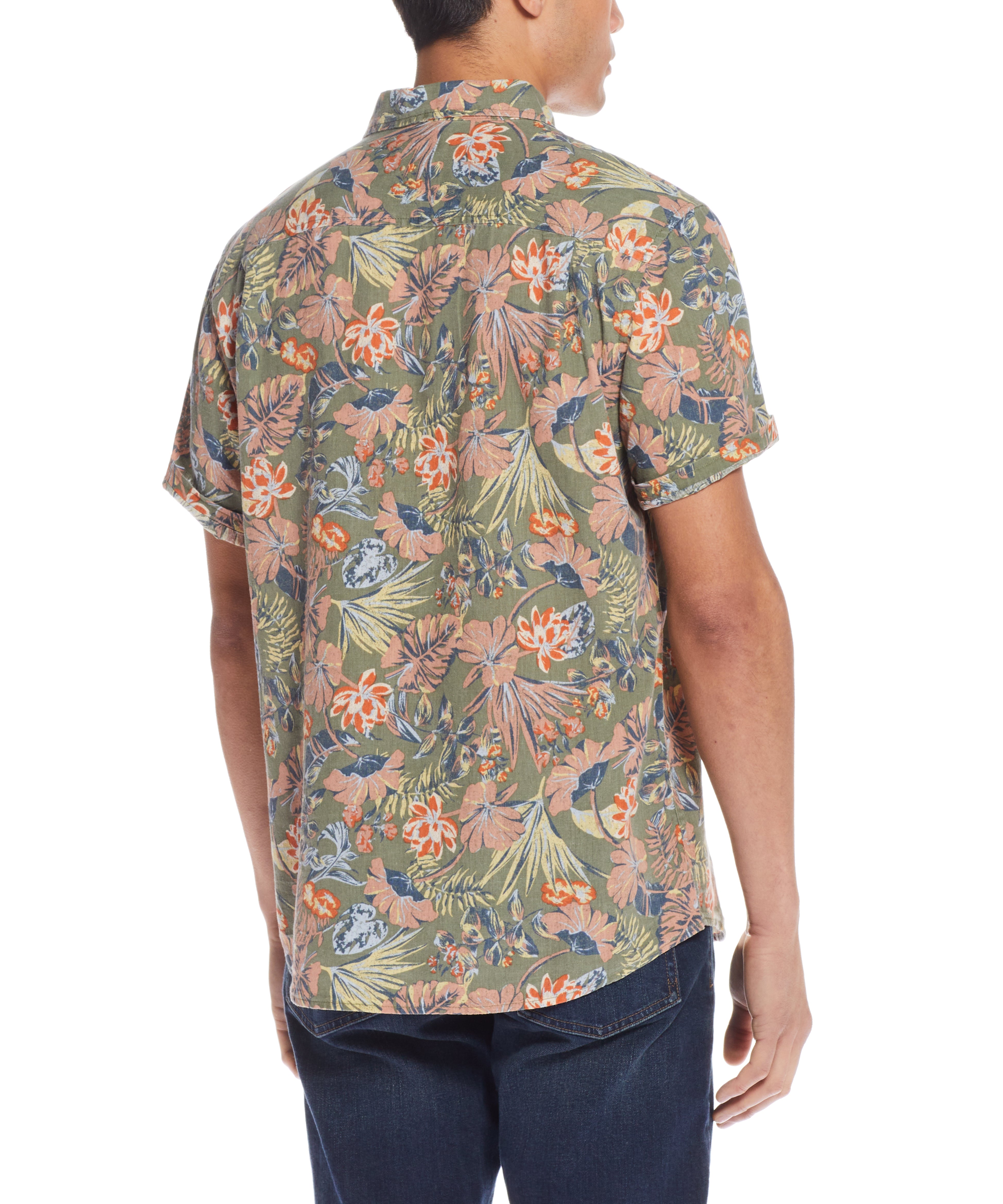 Floral Printed Shirt In Dusty Olive showcasing a vibrant floral pattern on a relaxed-fit short-sleeve back view.