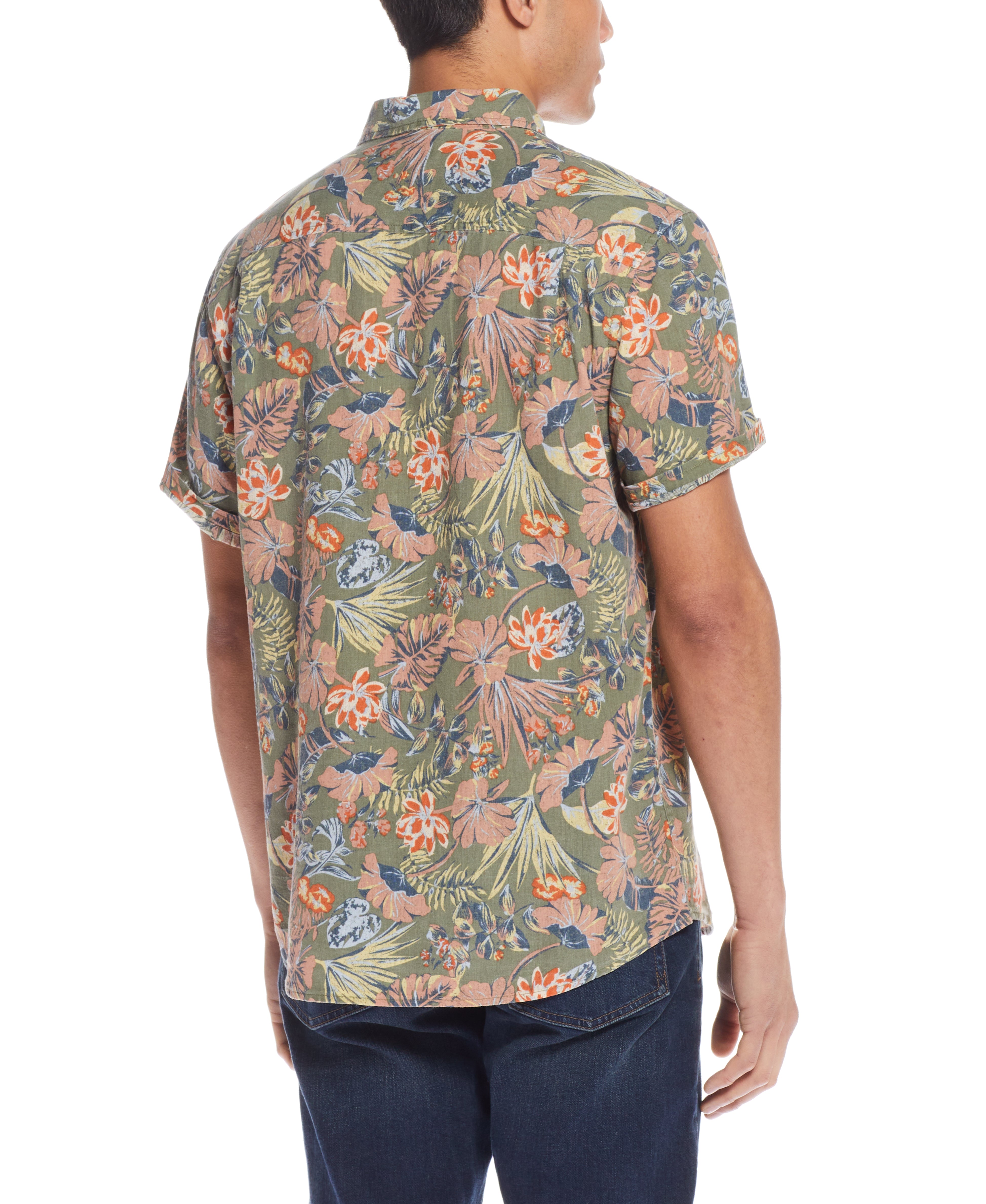 Floral Printed Shirt In Dusty Olive showcasing a vibrant floral pattern on a relaxed-fit short-sleeve back view.