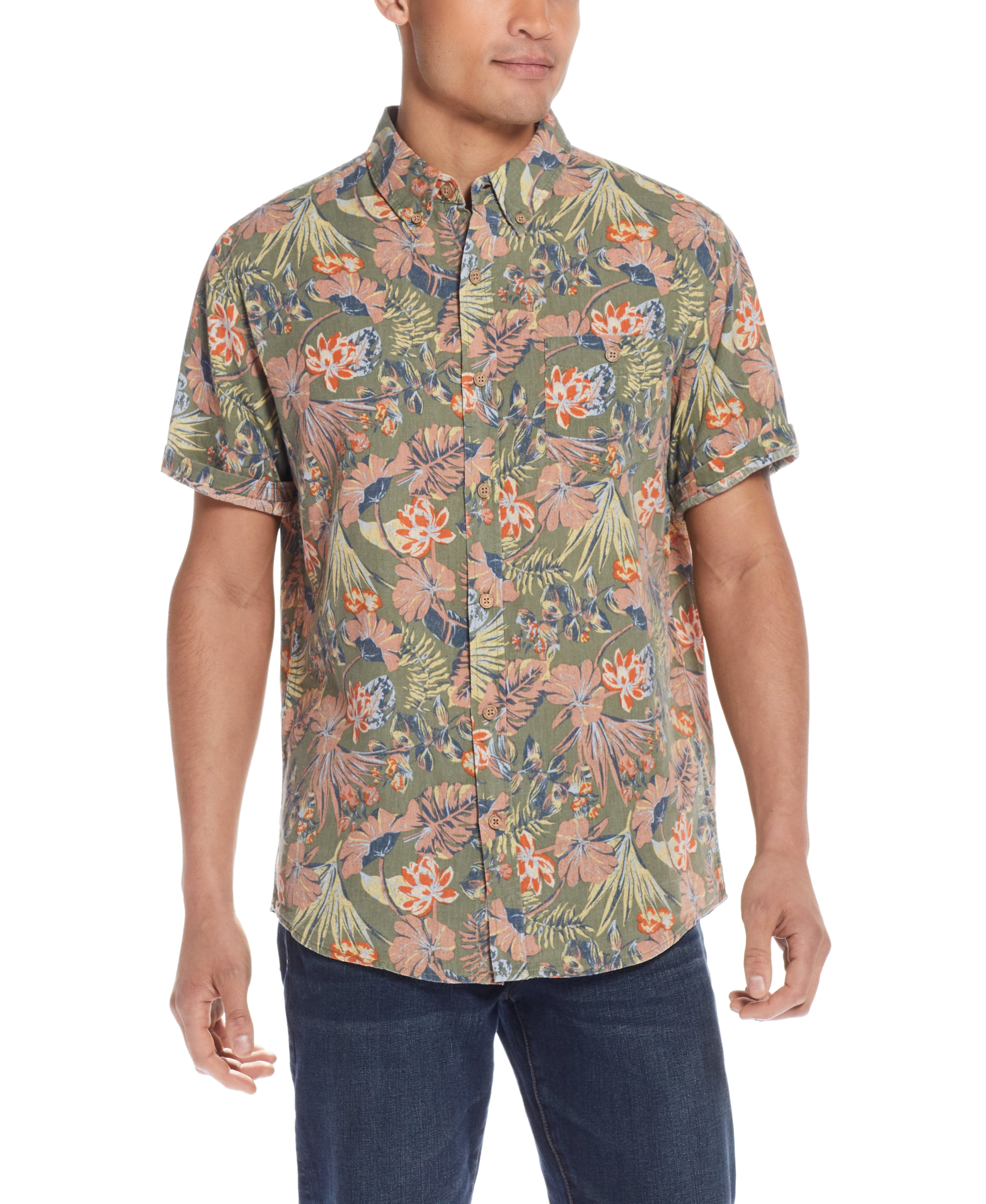 Floral Printed Shirt In Dusty Olive worn by model with a relaxed fit and short sleeves in vibrant floral pattern.