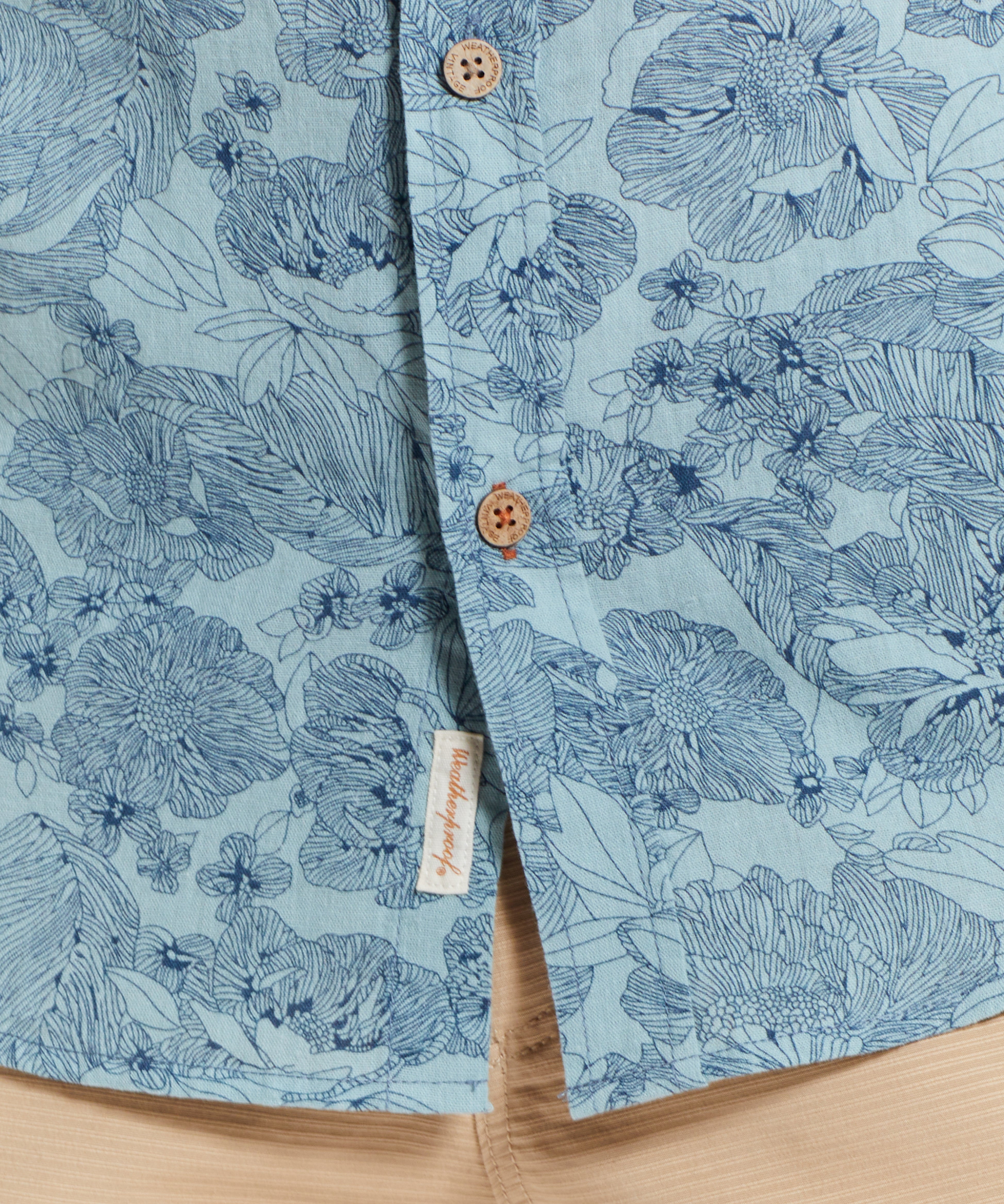 Tonal Floral Printed Shirt In Ensign Blue featuring a detailed floral pattern on a light blue linen cotton fabric.