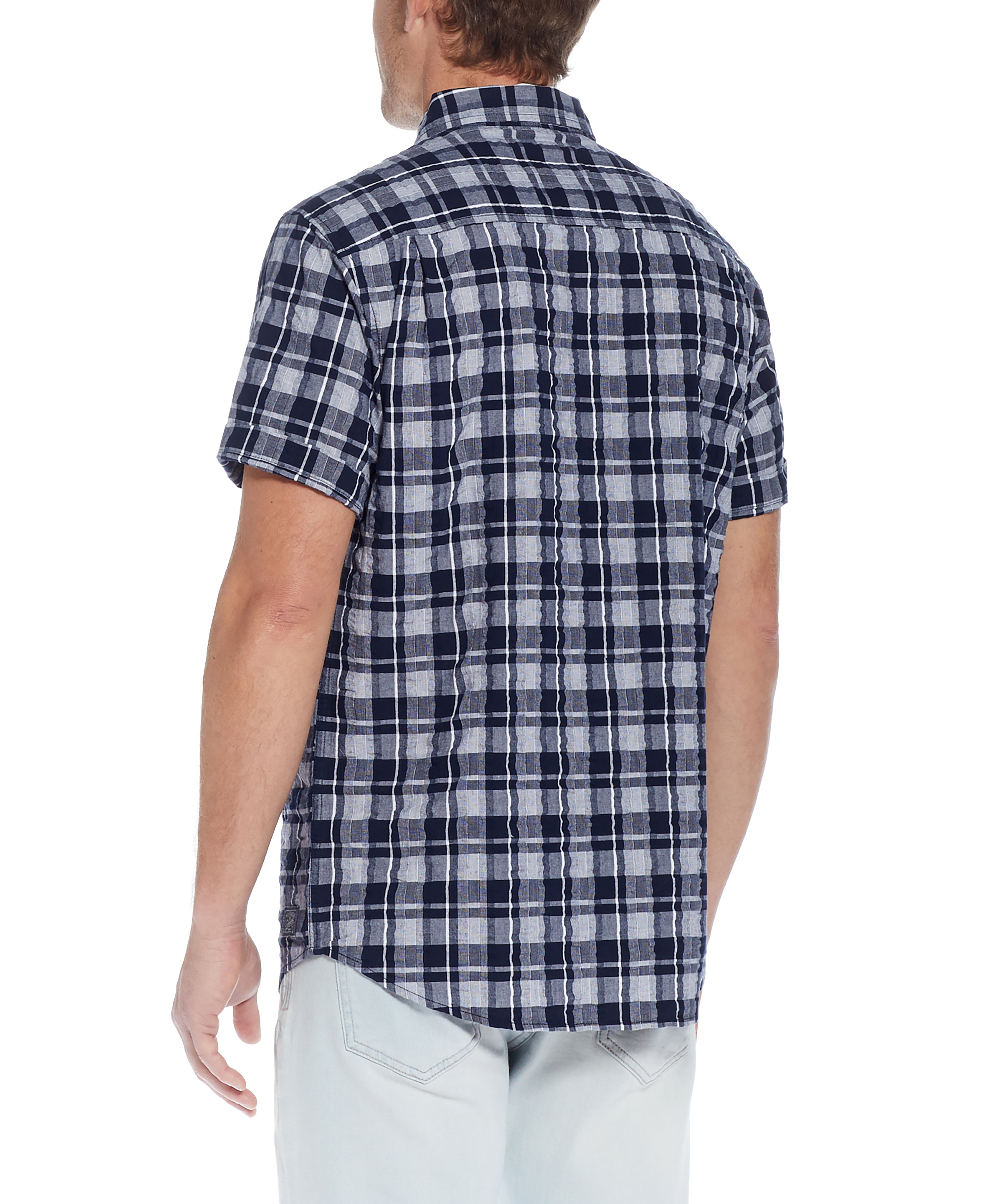 Back view of the Plaid Seersucker Shirt In Shadow featuring short sleeves and a button-down collar.