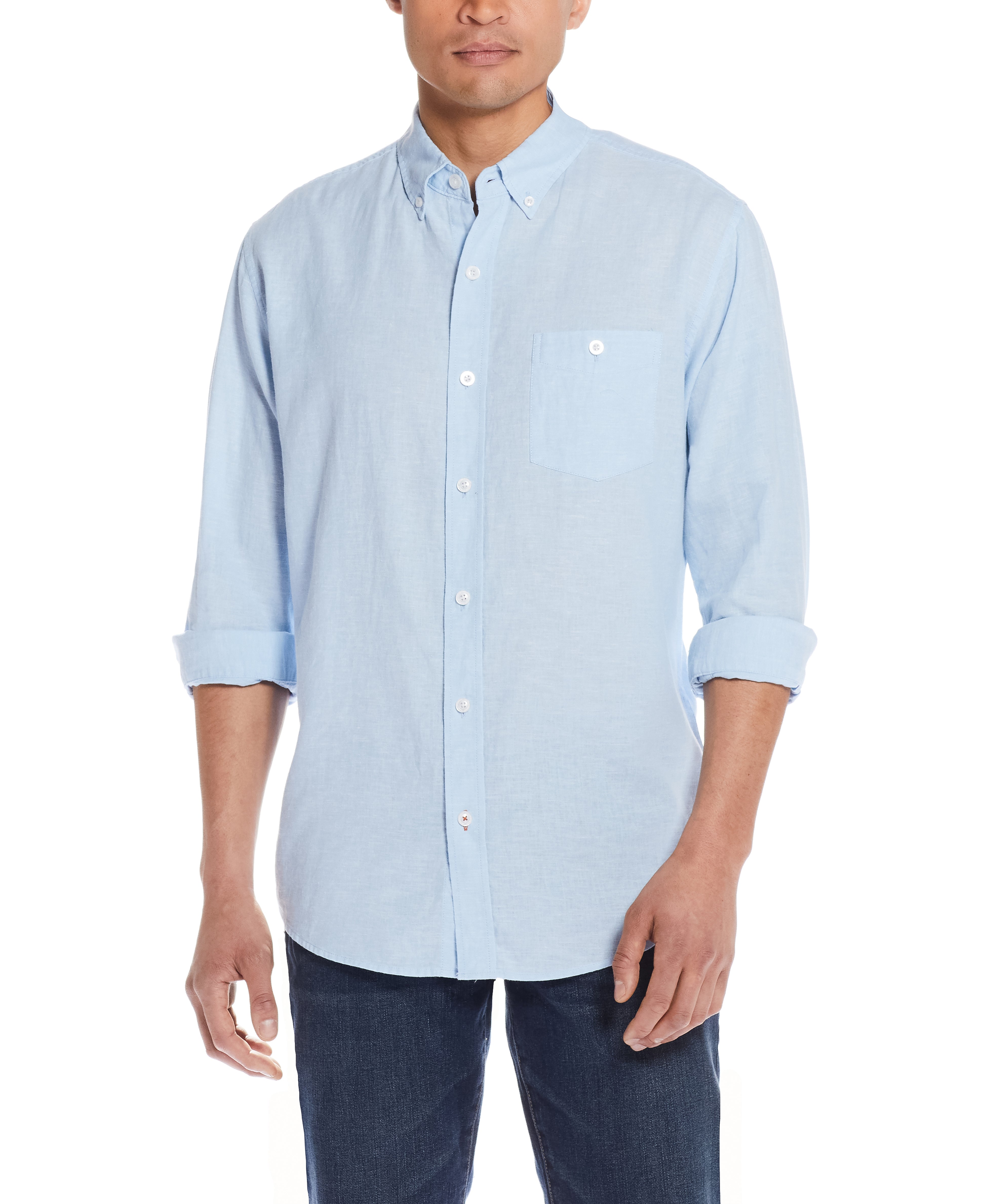 Long Sleeve Linen Cotton Shirt In Cerulean displayed on a model with rolled-up sleeves and front button closure.