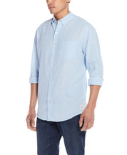 Long Sleeve Linen Cotton Shirt In Cerulean on a model, showcasing lightweight fabric and relaxed fit.