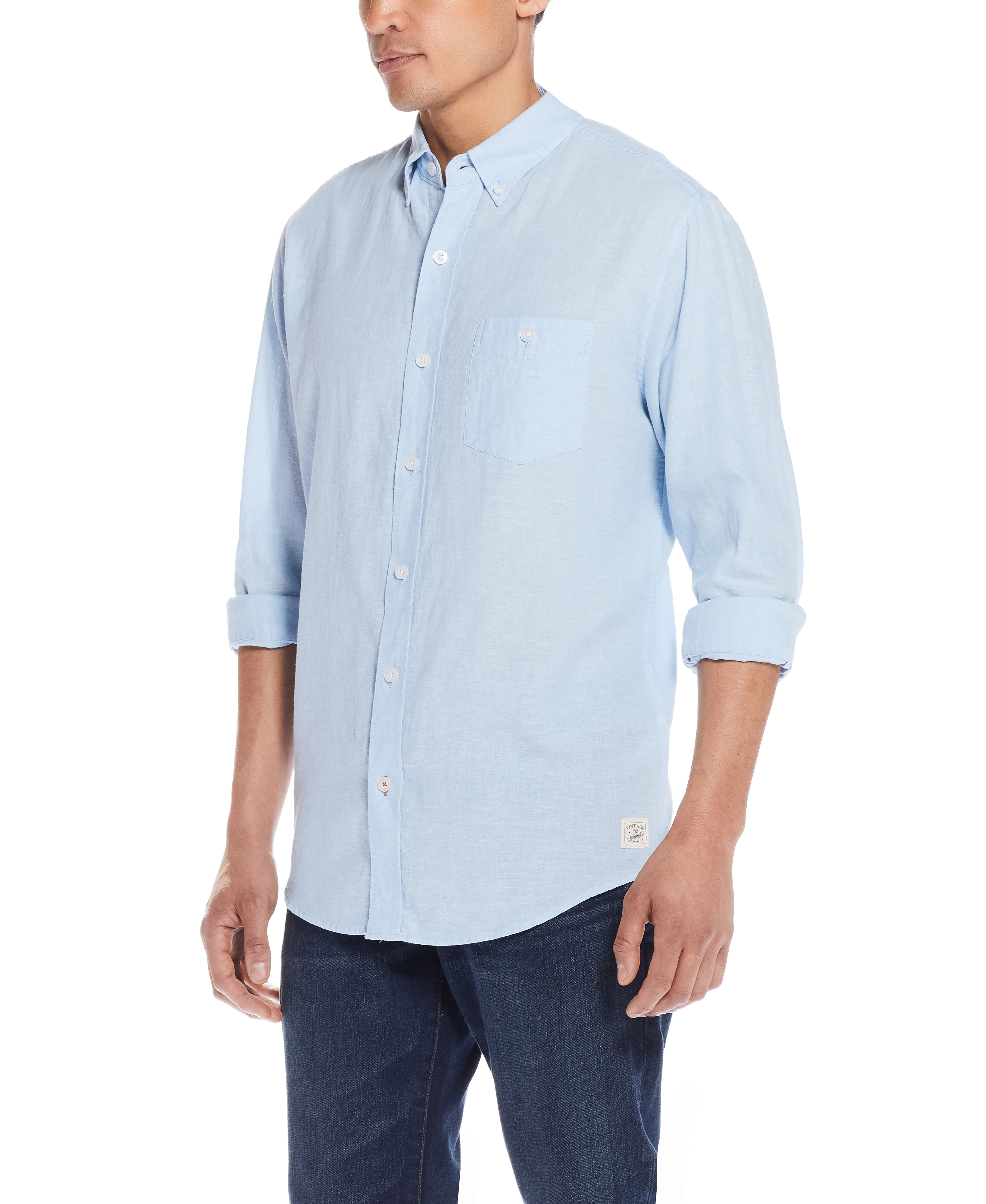 Long Sleeve Linen Cotton Shirt In Cerulean on a model, showcasing lightweight fabric and relaxed fit.