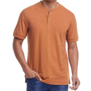 Short sleeve melange henley shirt in adobe color, featuring a 3 button placket and rib-knit neck, perfect for comfort.