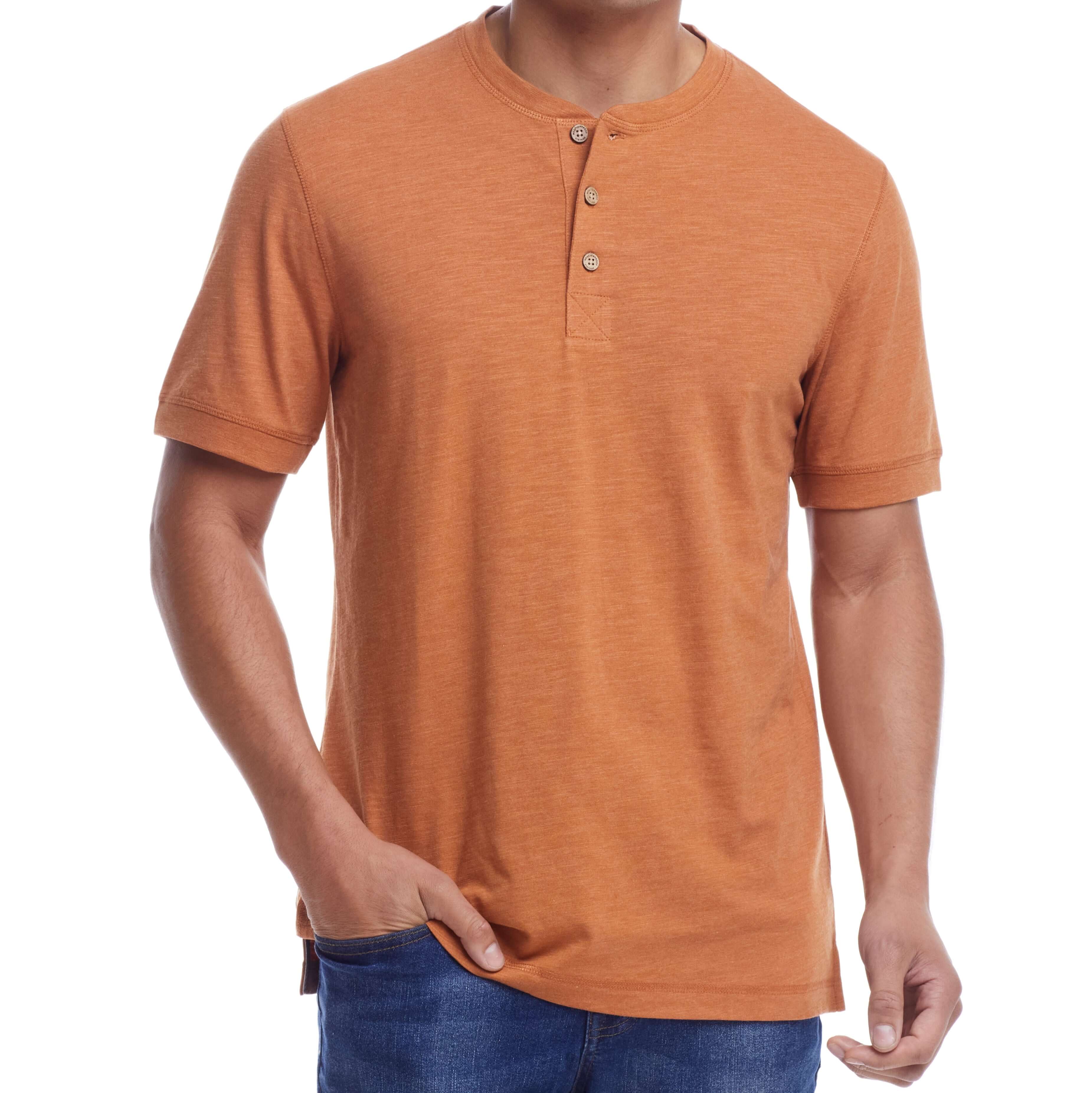 Short sleeve melange henley shirt in adobe color, featuring a 3 button placket and rib-knit neck, perfect for comfort.