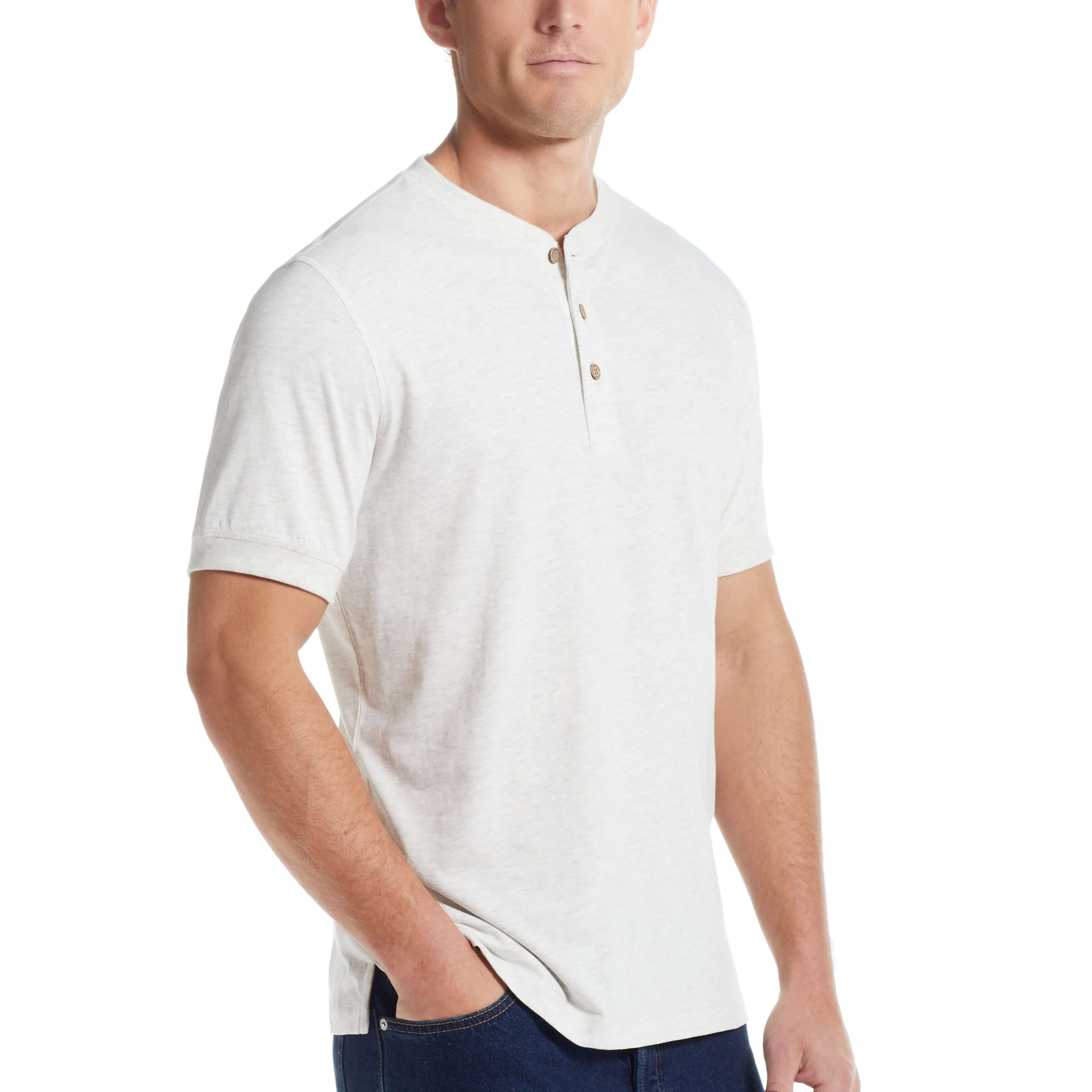 Short Sleeve Melange Henley In Oatmeal | Crafted Knits | Weatherproof Vintage