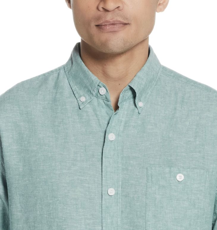Short Sleeve Solid Linen Cotton In Hedge Green on a model, showcasing a stylish and comfortable fit.