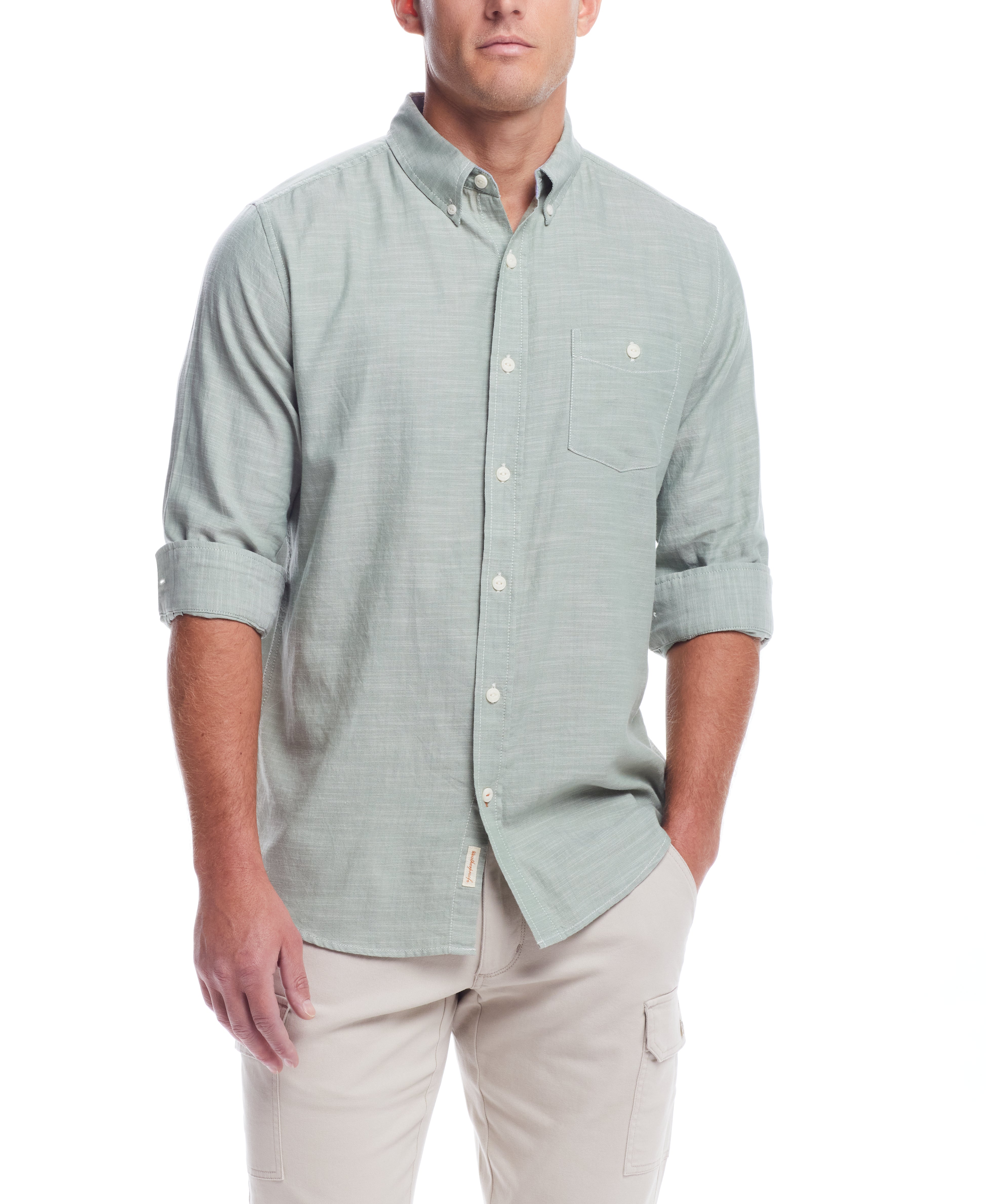 Long Sleeve Solid Cotton Twill Shirt In Hedge Green