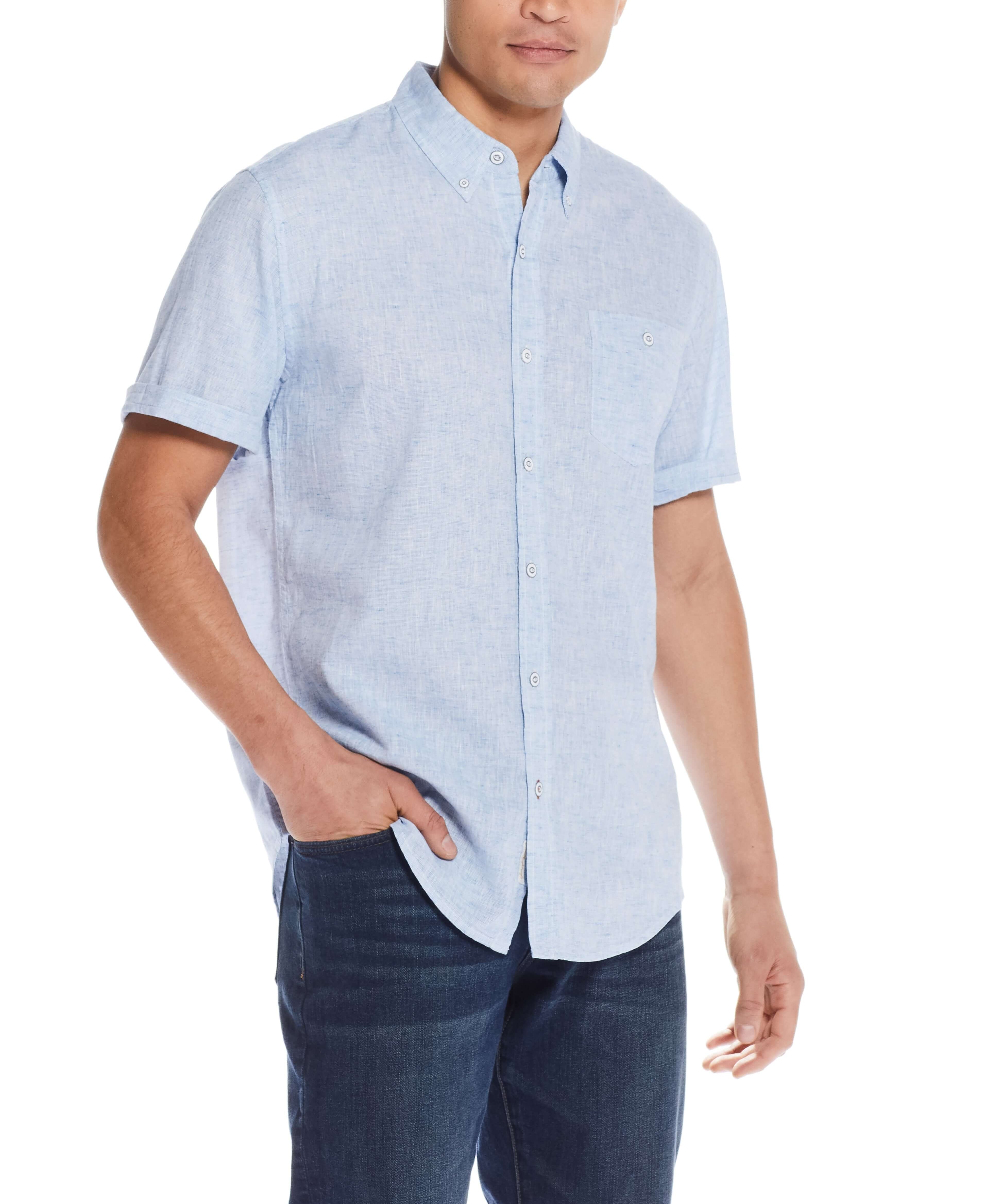 Men's short sleeve solid linen cotton shirt in Cendre Blue, perfect for casual and stylish looks.