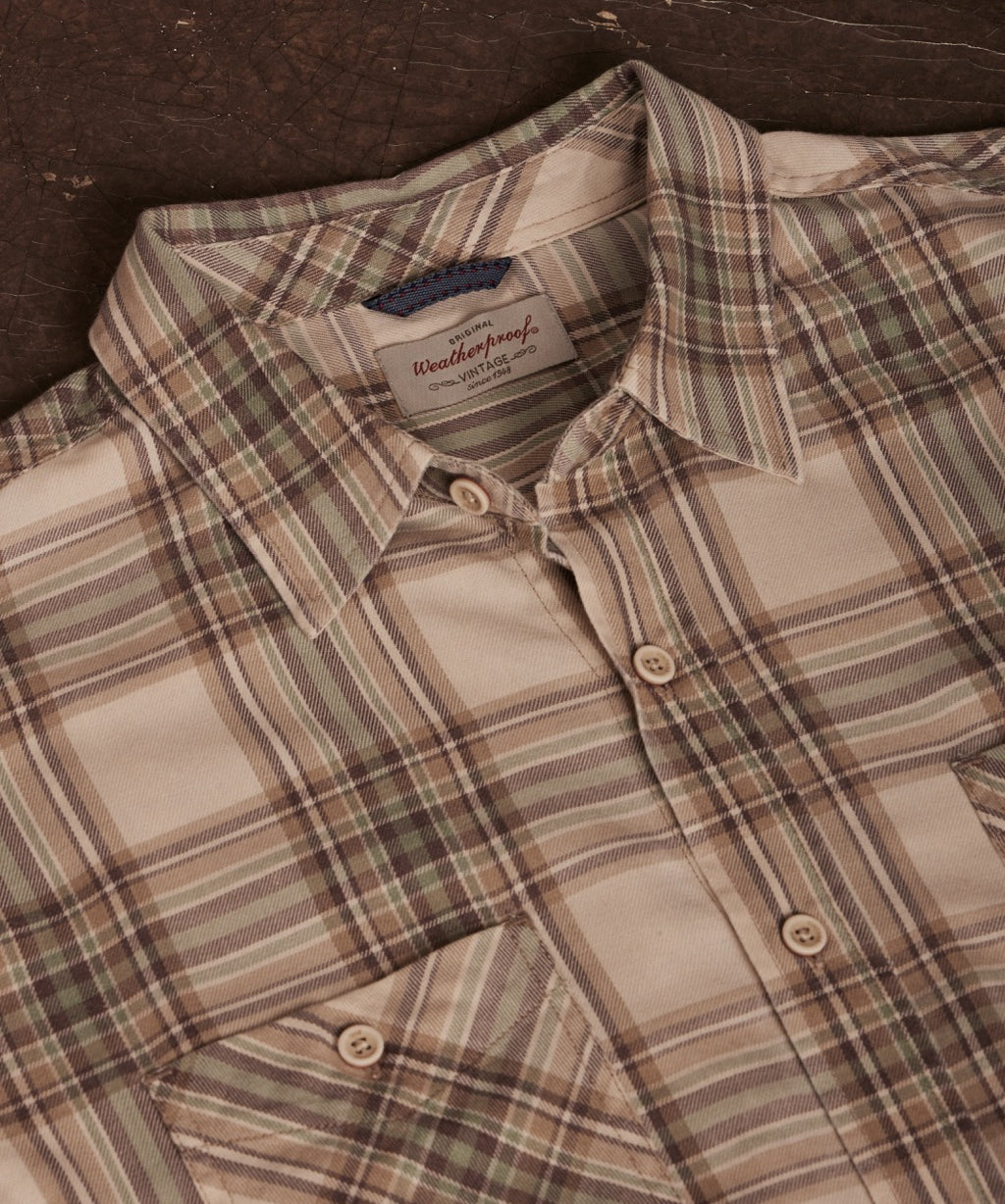 Long Sleeve Burnout Flannel in Angora, featuring a classic placket, buttoned chest pocket, and a soft plaid design.