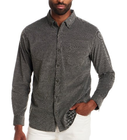 Long Sleeve Pebble Corduroy Shirt in Kambaba Olive on a model with a button-down collar, styled casually.