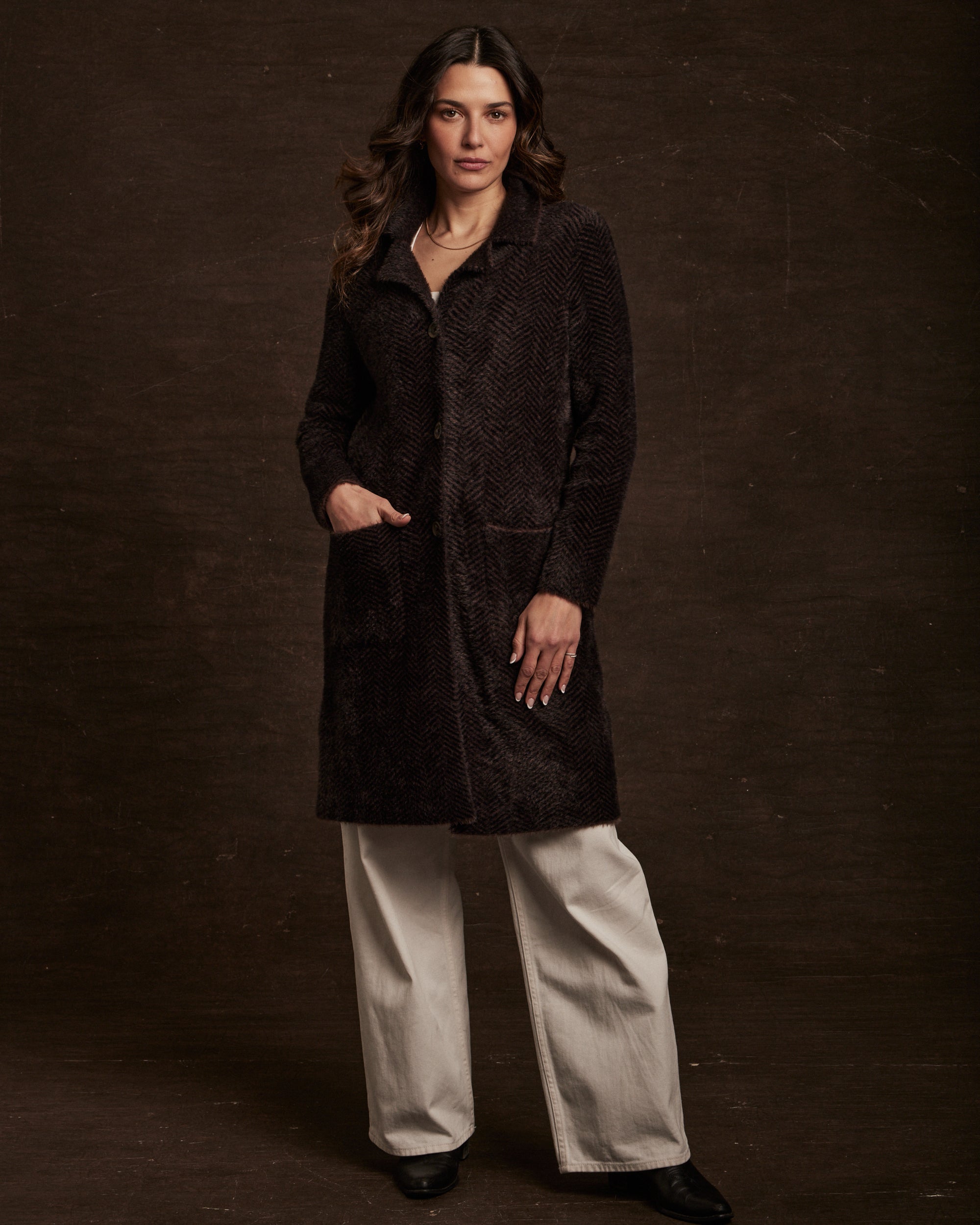 Women's Plush Herringbone Coatigan in Chocolate – Weatherproof