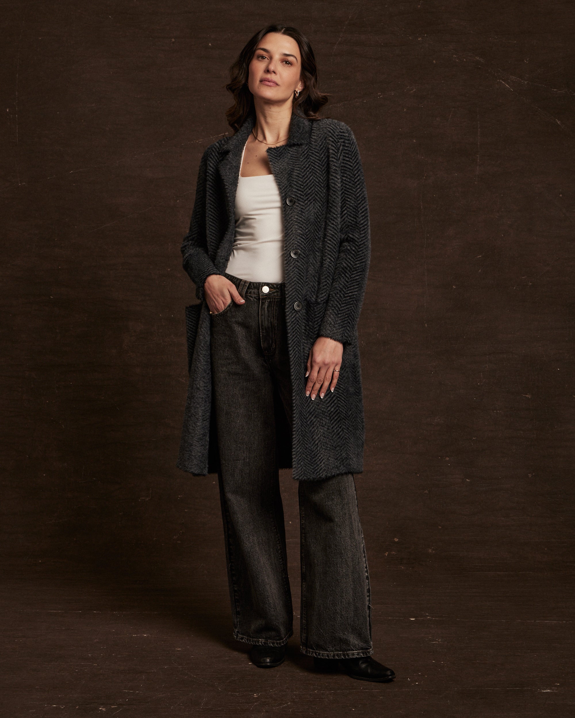 Women's Plush Herringbone Coatigan in Black – Weatherproof® Vintage