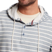 Close-up of a man wearing a blue striped long sleeve summer hoodie with a drawstring hood and button placket.