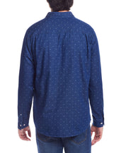 Back view of men's Denim Dobby Shirt in Blue Nights featuring a charming floral print and long sleeves.