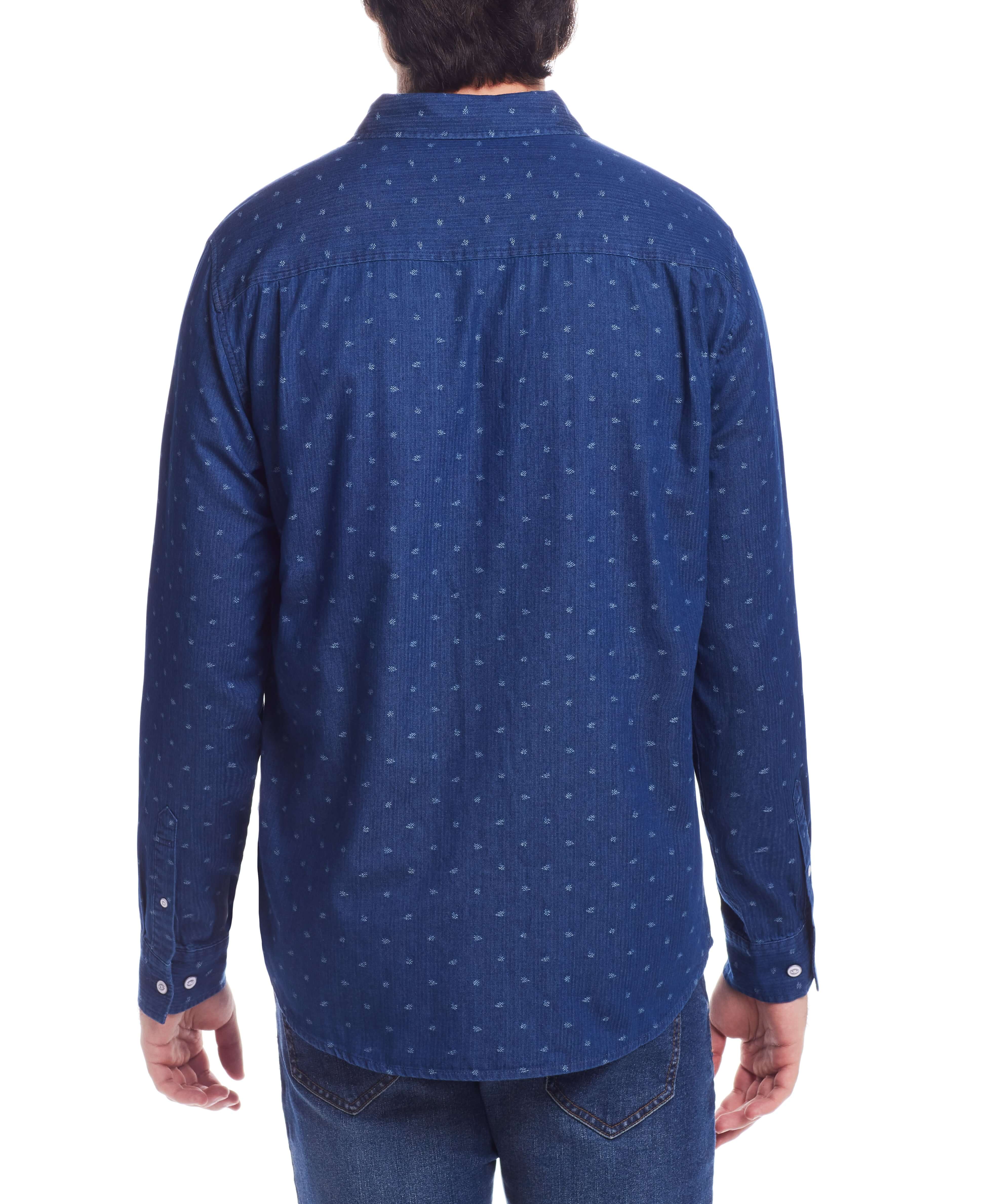 Back view of men's Denim Dobby Shirt in Blue Nights featuring a charming floral print and long sleeves.