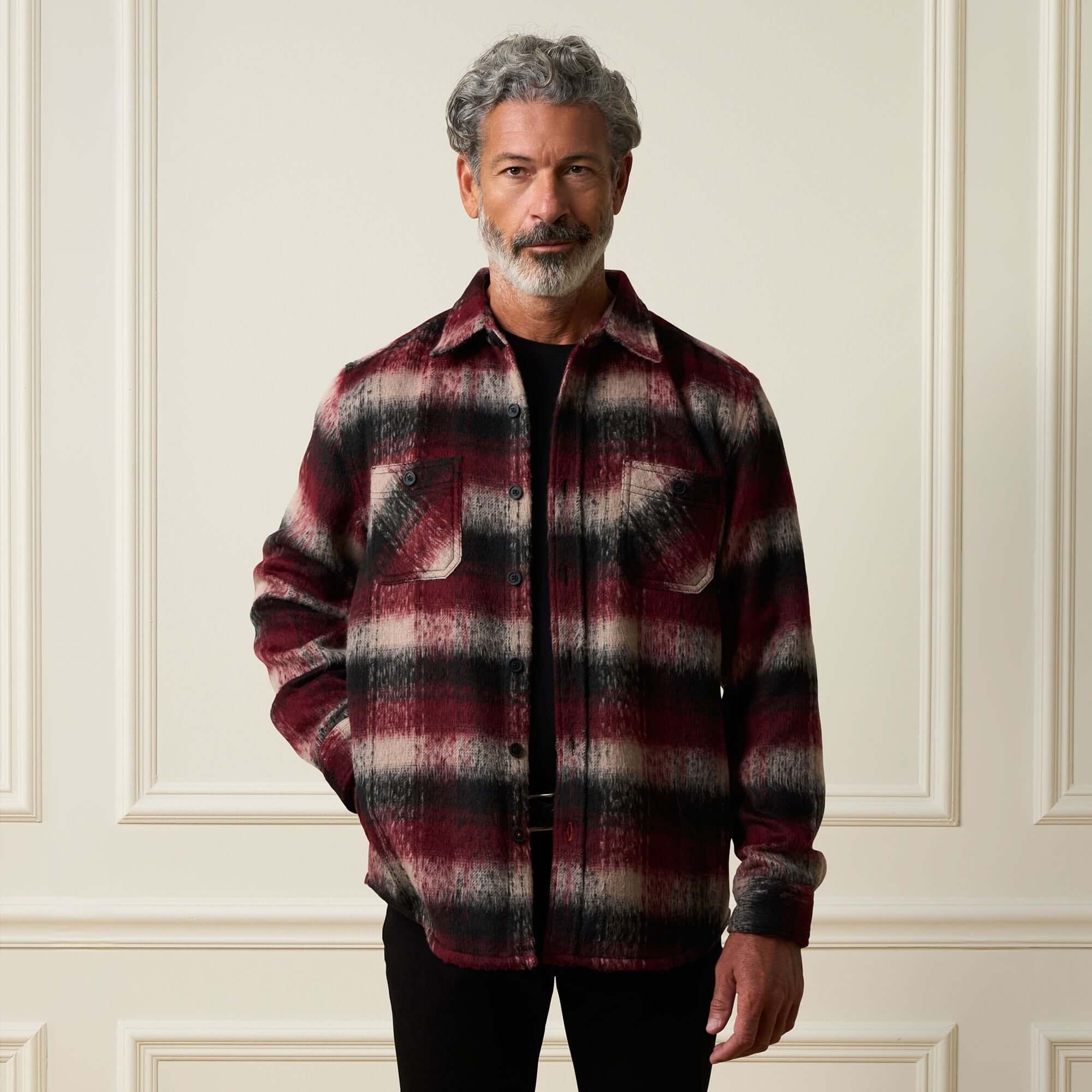 Vintage & Black Men's Brushed Plaid Pattern Long-Sleeve Shirt Jacket - Burgundy