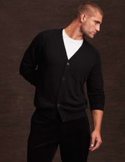 Black cashmere cardigan worn by a model, featuring a classic fit with buttons, perfect for layering in autumn.
