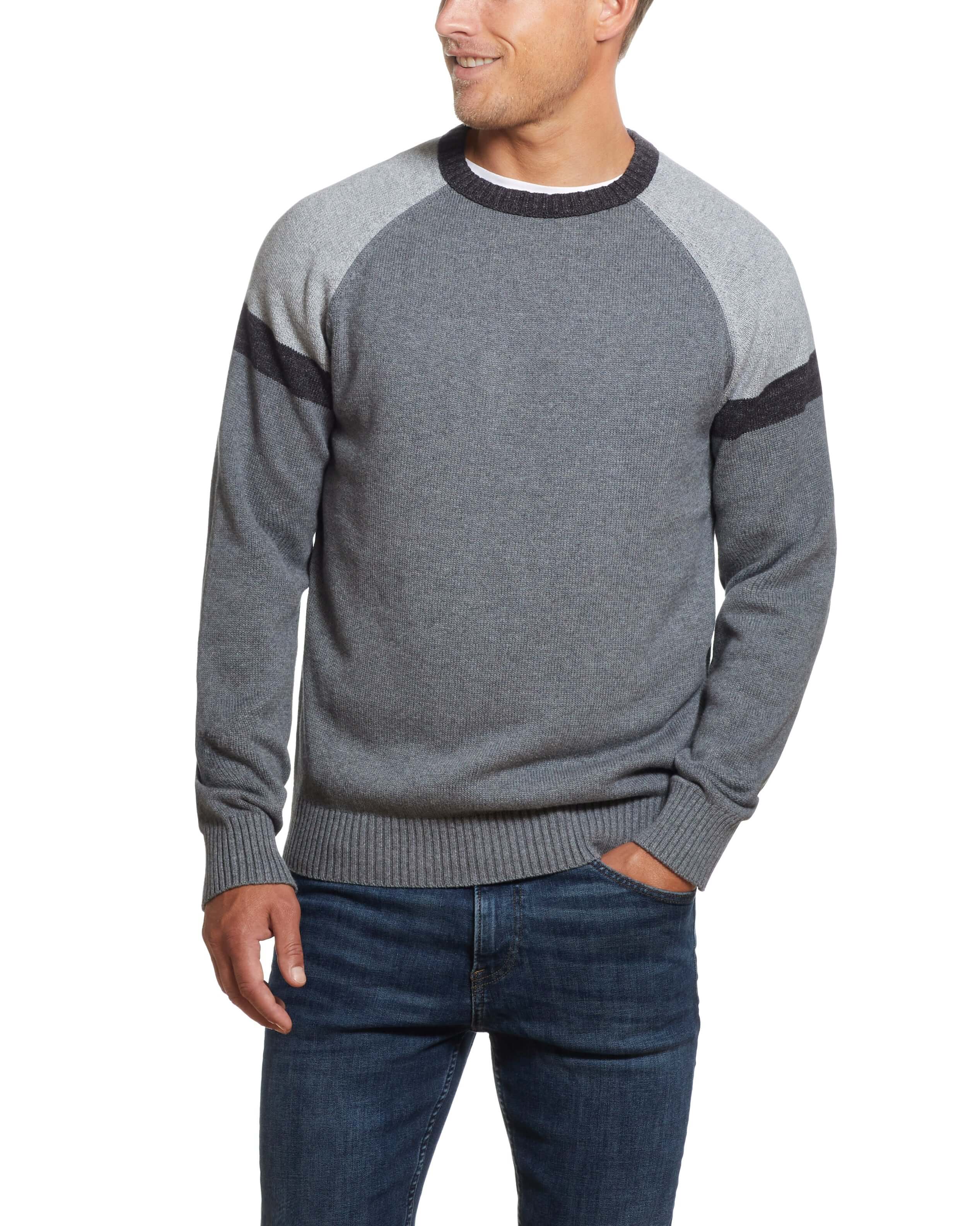 Color Block Raglan Sleeve Crew In Concrete Denim worn by a man, showcasing sporty denim heather color-blocking and classic fit.