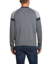Color Block Raglan Sleeve Crew In Concrete Denim view from the back featuring sporty color-blocked design and classic fit.