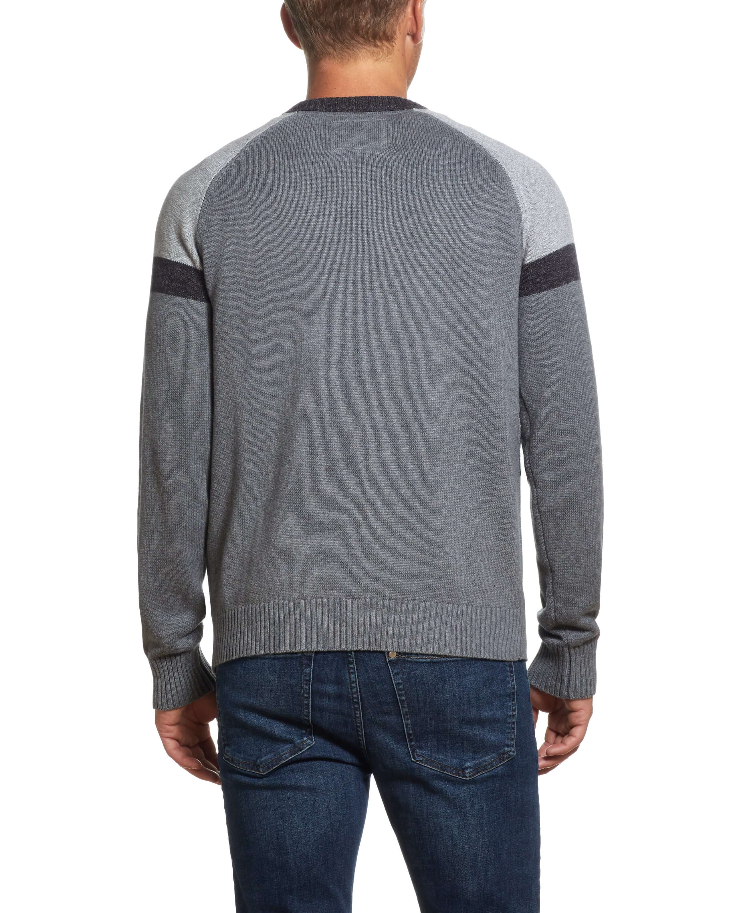 Color Block Raglan Sleeve Crew In Concrete Denim view from the back featuring sporty color-blocked design and classic fit.