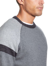 Color Block Raglan Sleeve Crew In Concrete Denim showcasing sporty denim heather color-blocked design and classic fit.